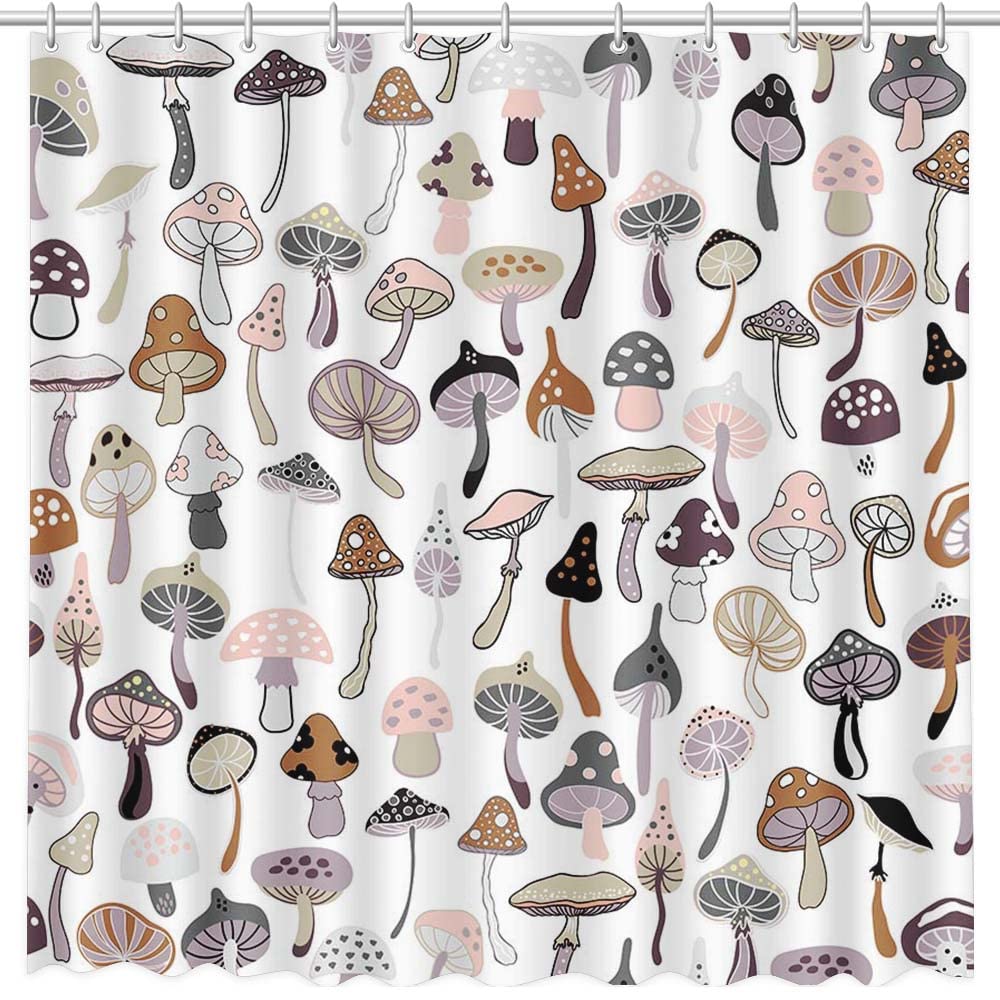 MEHOFOND 72x72inch Mushroom Shower Curtain Natural Plant Wild Mushroom Bathtub Decoration Retro Psychedelic Style Used For Bathroom Accessories Durable Polyester Material With 12 Hooks