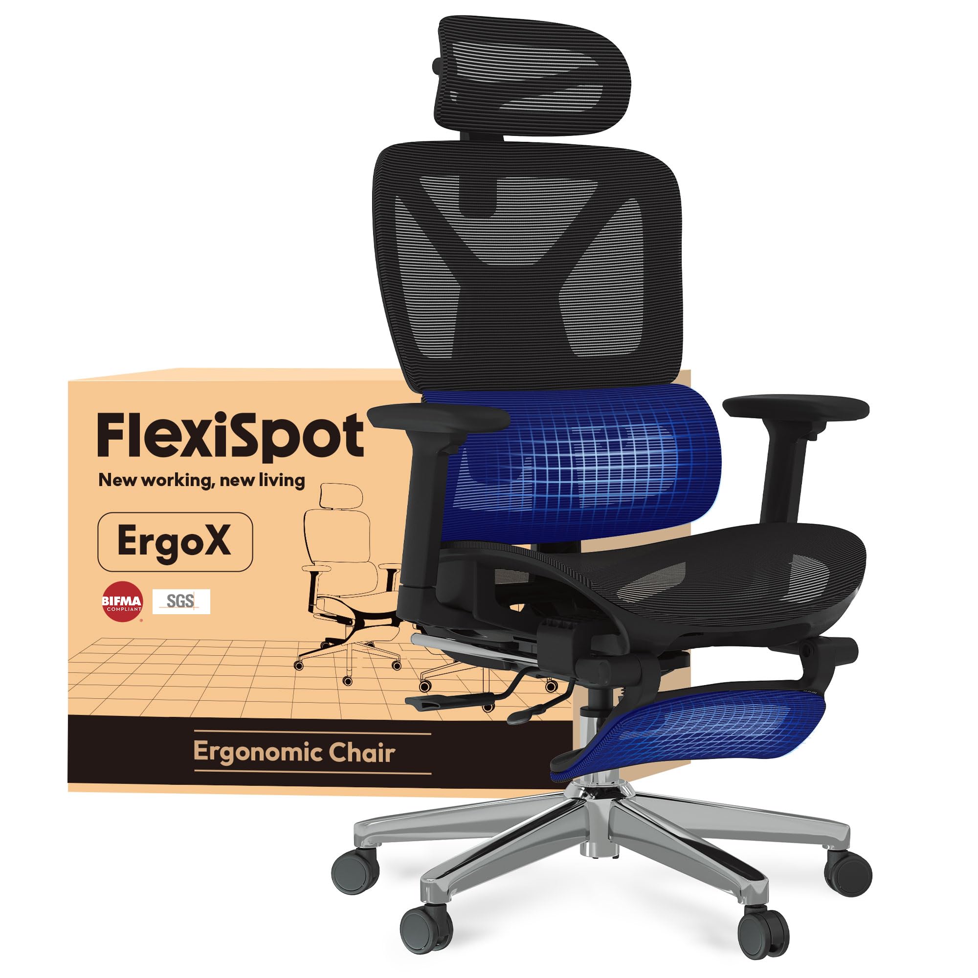 FLEXISPOT ErgoX – Sedia da ufficio ergonomica in rete, con poggiatesta 3D, supporto lombare indipendente, schienale 5D regolabile, braccioli 3D, seduta traspirante, girevole con ruote, portata 130 kg