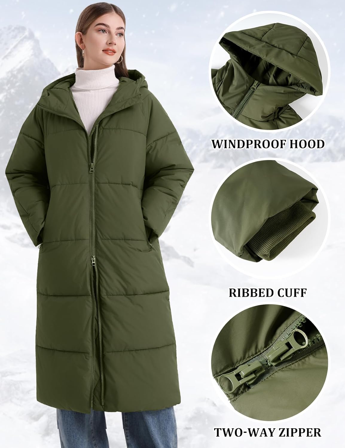 Flygo Womens Hooded Long Puffer Coat Winter Jackets Coats Warm Maxi Long Sleeve Zip Padded Down Cocoon Outerwear - Image 6