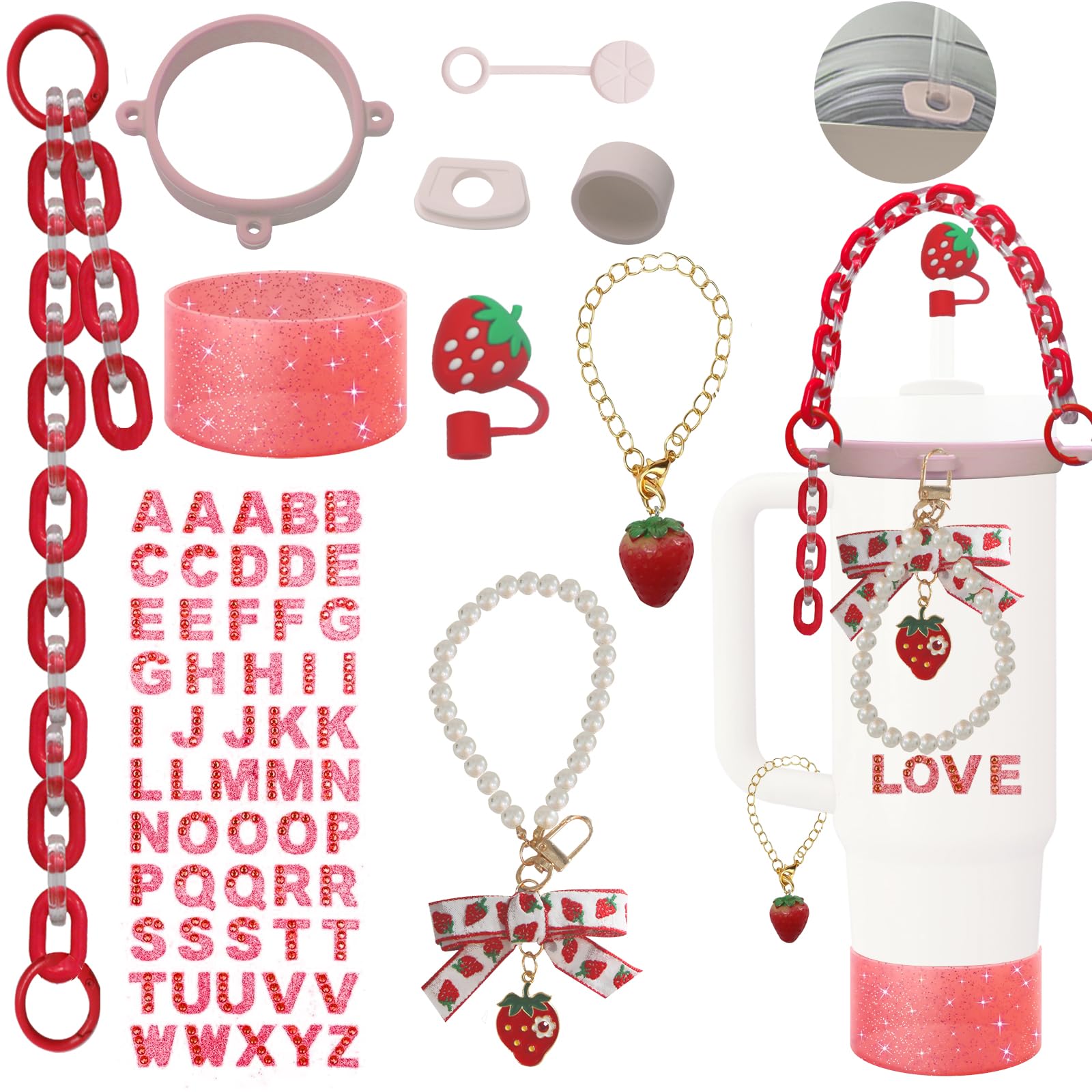 Stanley Cup Accessories Set, Including Water Bottle Handle Strap, Straw Topper, Silicone Cover Cap and Boot, Keychain Charms, Handle Charms, Initials Sticker Fits Stanley Cup 40&30 Oz(Strawberry)