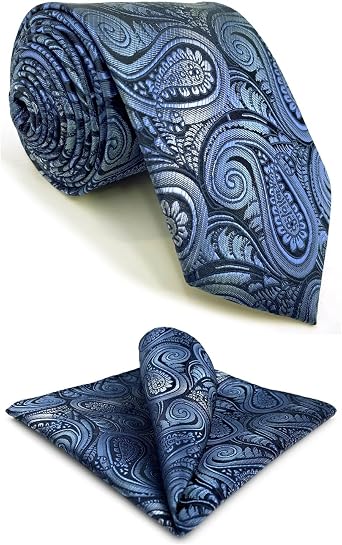 S&W SHLAX&WING Ties for Men Blue Paisley Classic Size Necktie Set with Pocket Square