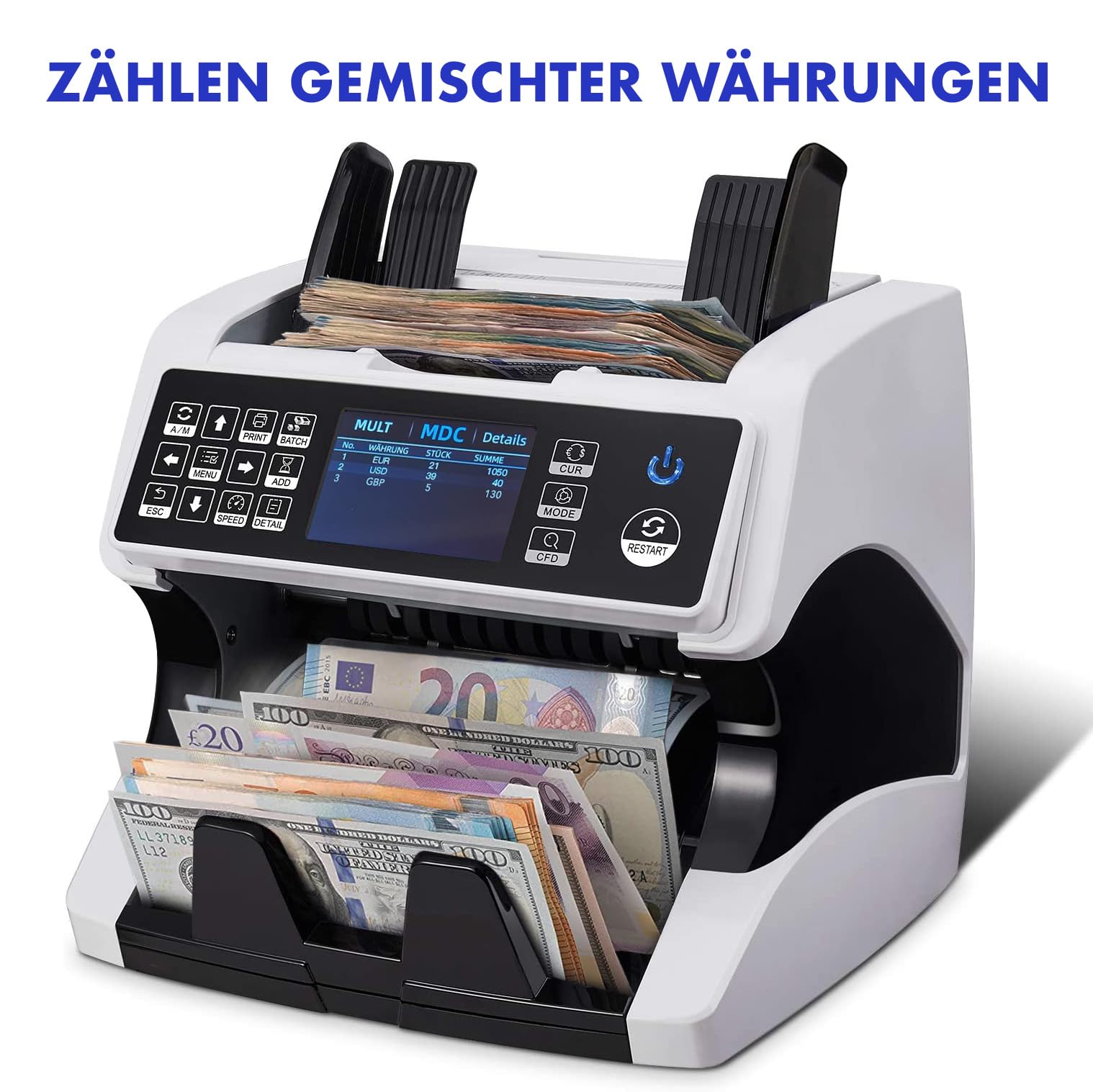MV-500 Geldzählmaschine für gemischte Geldscheine & Falschgelddetektor | UV/MG/IR/DD/ 2CIS usw.| Exakt | EUR USD GBP SEK CHF usw. | Banknotenzähler | Geldzähler | Banknotenzählmaschine