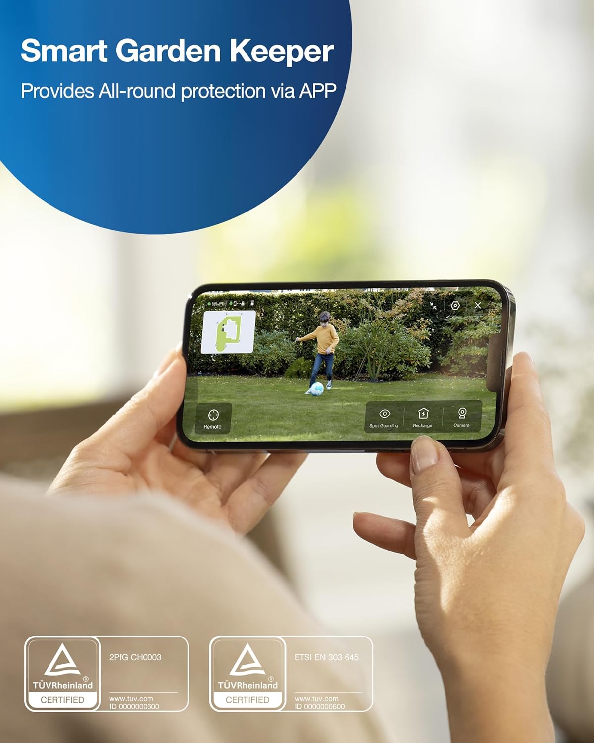 Smartphone displaying the ECOVACS app interface for the robot lawn mower, showing remote control, spot guarding, recharge, and camera options