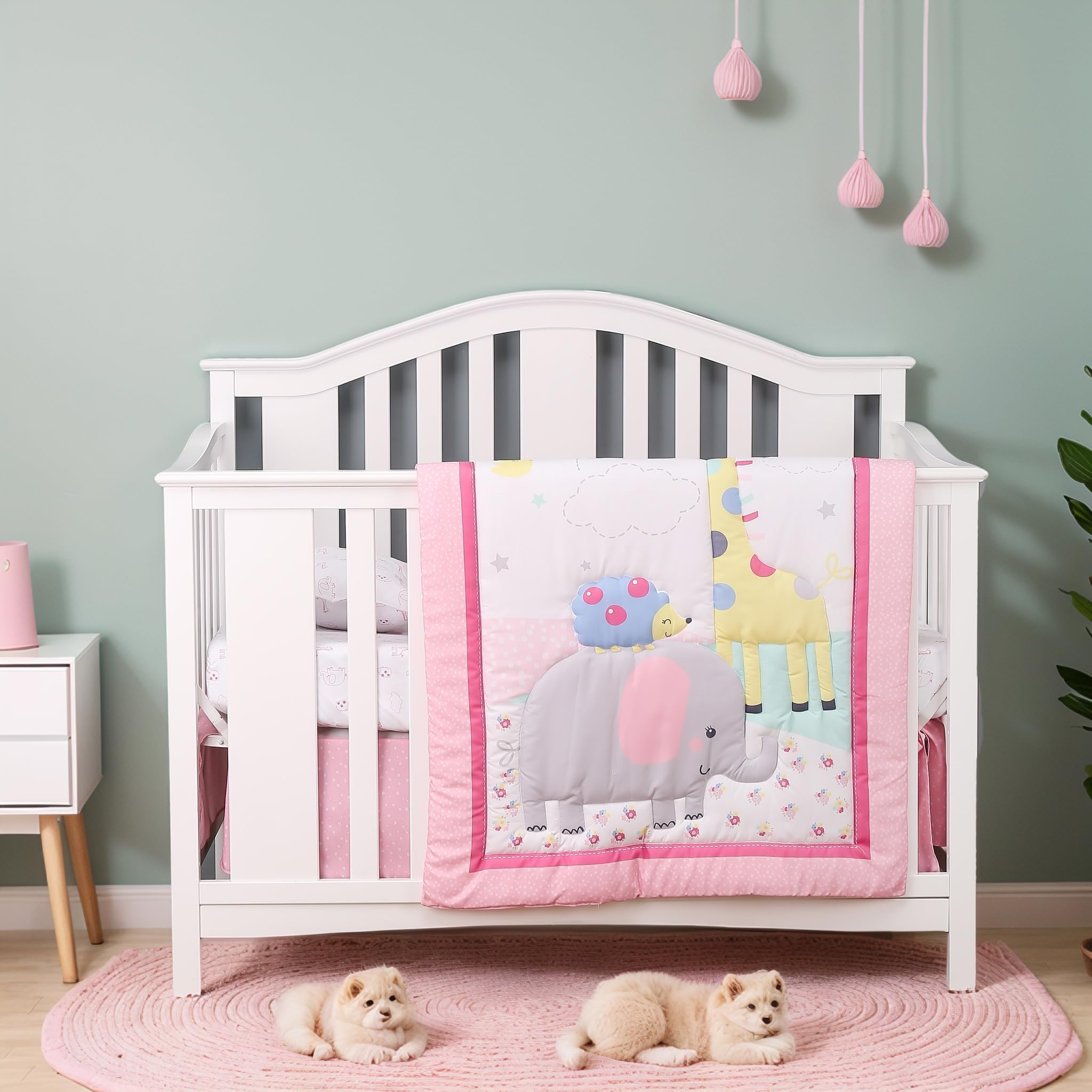 Brandream - Juego de cama para cuna de bebé para niña, diseño de animales de la selva con edredón, sábana bajera ajustable, falda de pañales, estampado de pájaro, jirafa de elefante, 4 piezas