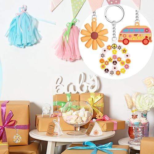 Miniatura 7 de Groovy Party Favores Boho Retro Hippie Decoraciones de Cumpleaños Incluye Margarita Flor de Paz Llavero Bolsas de Organza Thank You for Celebrating
