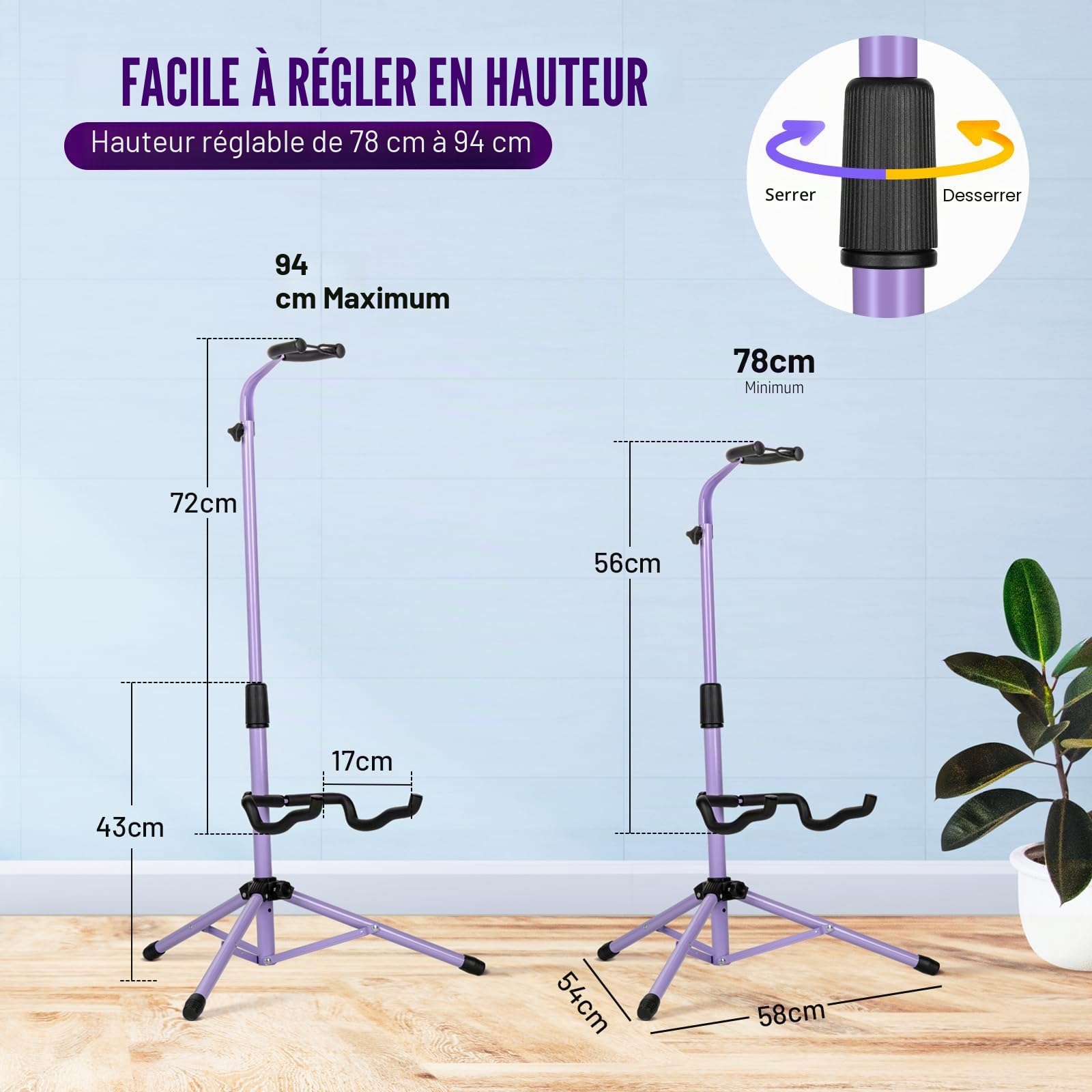 CAHAYA Support de Guitare Pliable au Sol: Trépied Universel Réglable avec Support de Cou pour Guitare Électrique, Acoustique, Basse et Banjos, Violet CY00253-2