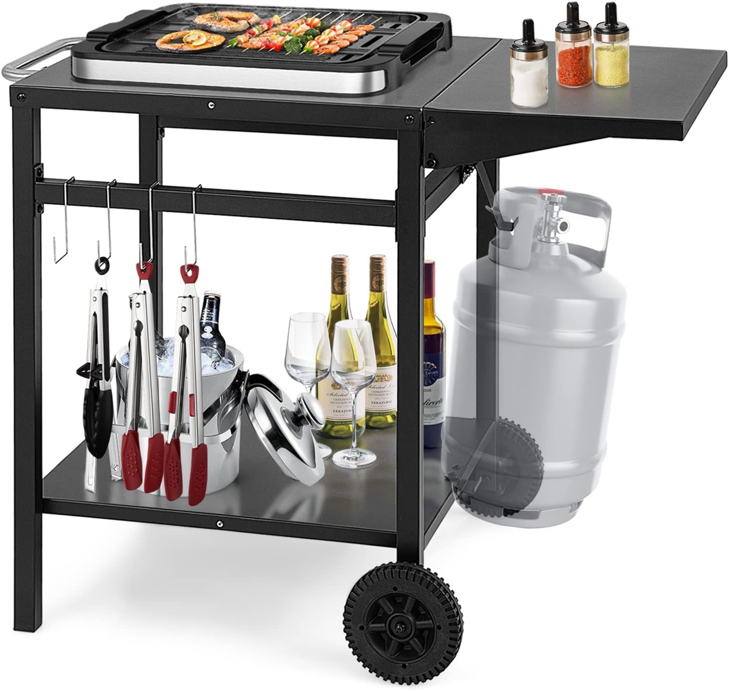 COSTWAY Outdoor Grill Dining Cart, Movable Pizza Oven Table Stand Trolley with Folding Side Table, Wheels and Gas Tank Hook, Double-Shelf Metal Worktable for Backyard Patio Garden
