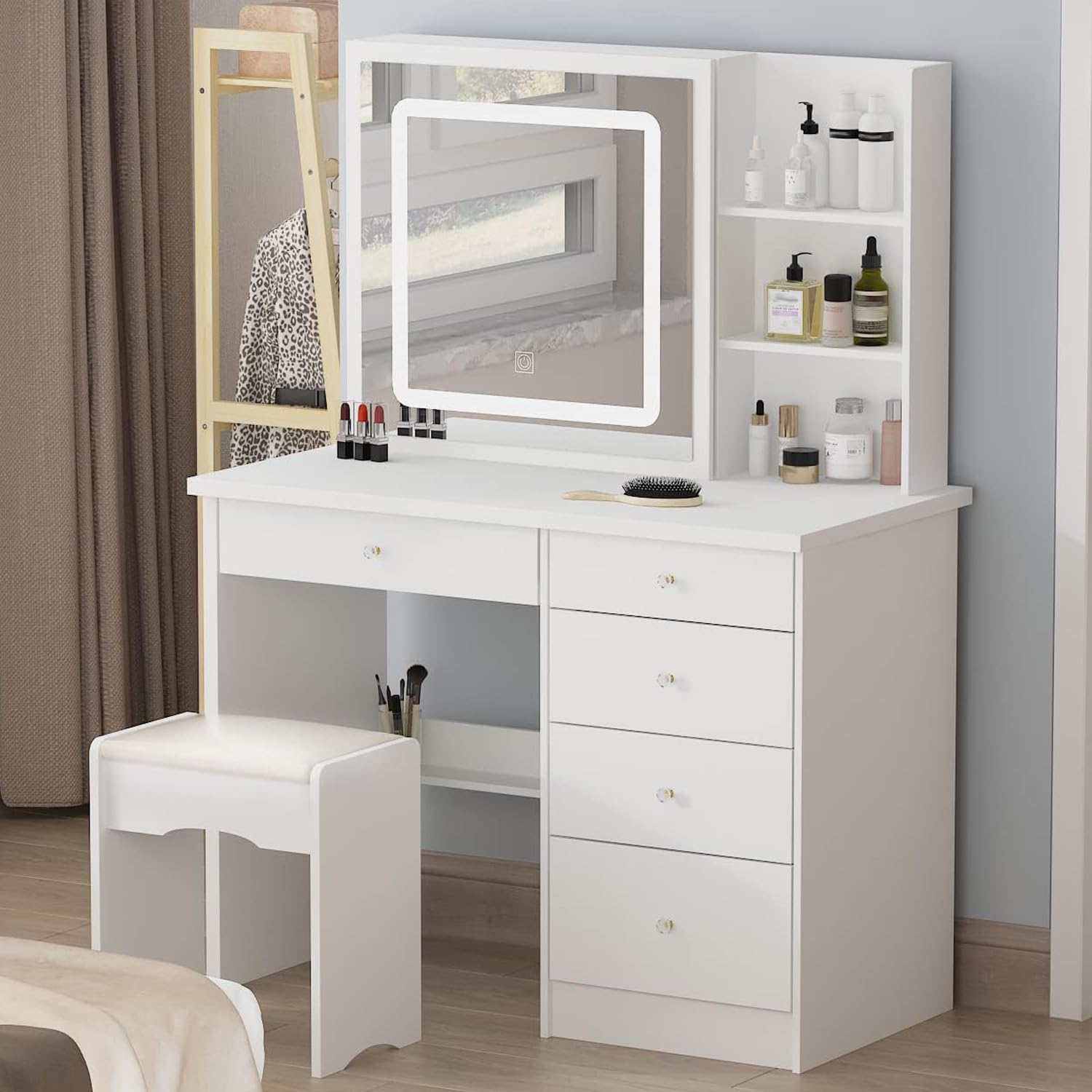 Homsee Vanity Desk Set Makeup Table with Large Lighted Mirror, Dressing Table with 5 Drawers, Storage Shelves & Cushioned Stool for Bedroom, White