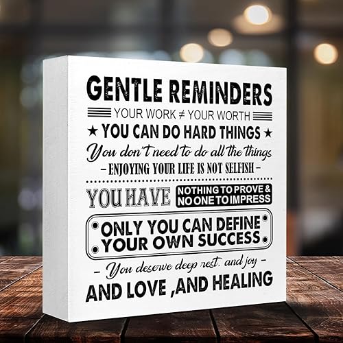 Miniatura 3 de Gentle Reminders - Letrero de bloque de madera, decoración de escritorio de salud mental, letrero de caja de madera motivacional para decoración del