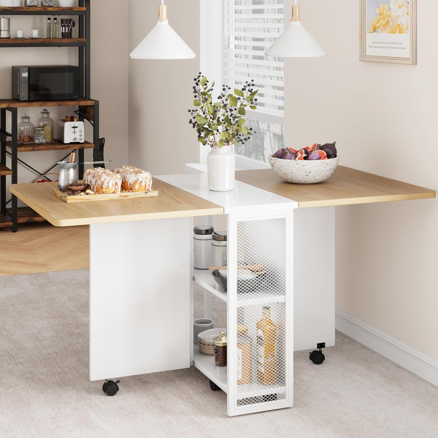 Folding Dining Table with 2 Tier Storage, Extendable Kitchen Table, Drop Leaf Table, Rectangle Dining Room Tables Set for 4, Space Saving Collapsible Expandable Dinner Kitchen Office Furniture