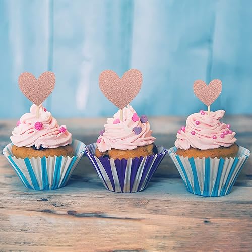Miniatura 6 de Rsstarxi Paquete de 30 adornos de corazón para cupcakes con purpurina de oro rosa para baby shower, decoración para despedida de soltera, boda,