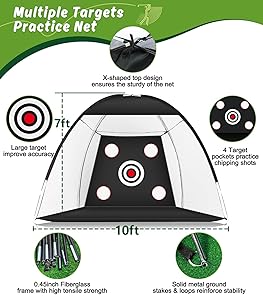 MUVPOH Golf Net: 10x7ft Golf Practice Net for Backyard Chipping Driving with Dual-Turf Golf Hitting Mat, All-in-1 Outdoor Indoor Golf Hitting Net with Multiple Targets, Golf Aid for Men/Golf Lovers