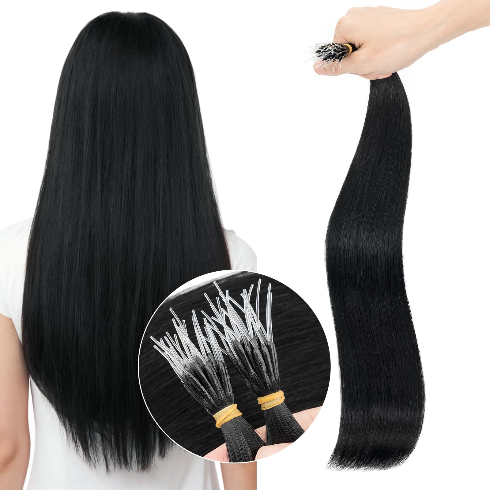 Elailite I Tip Hair Extensions Human Hair Elastic Itip Real Remy Hair Jet Black 20 Inch 50G 50Strands Straight Pre Bonded Keratin Fusion Human Hair