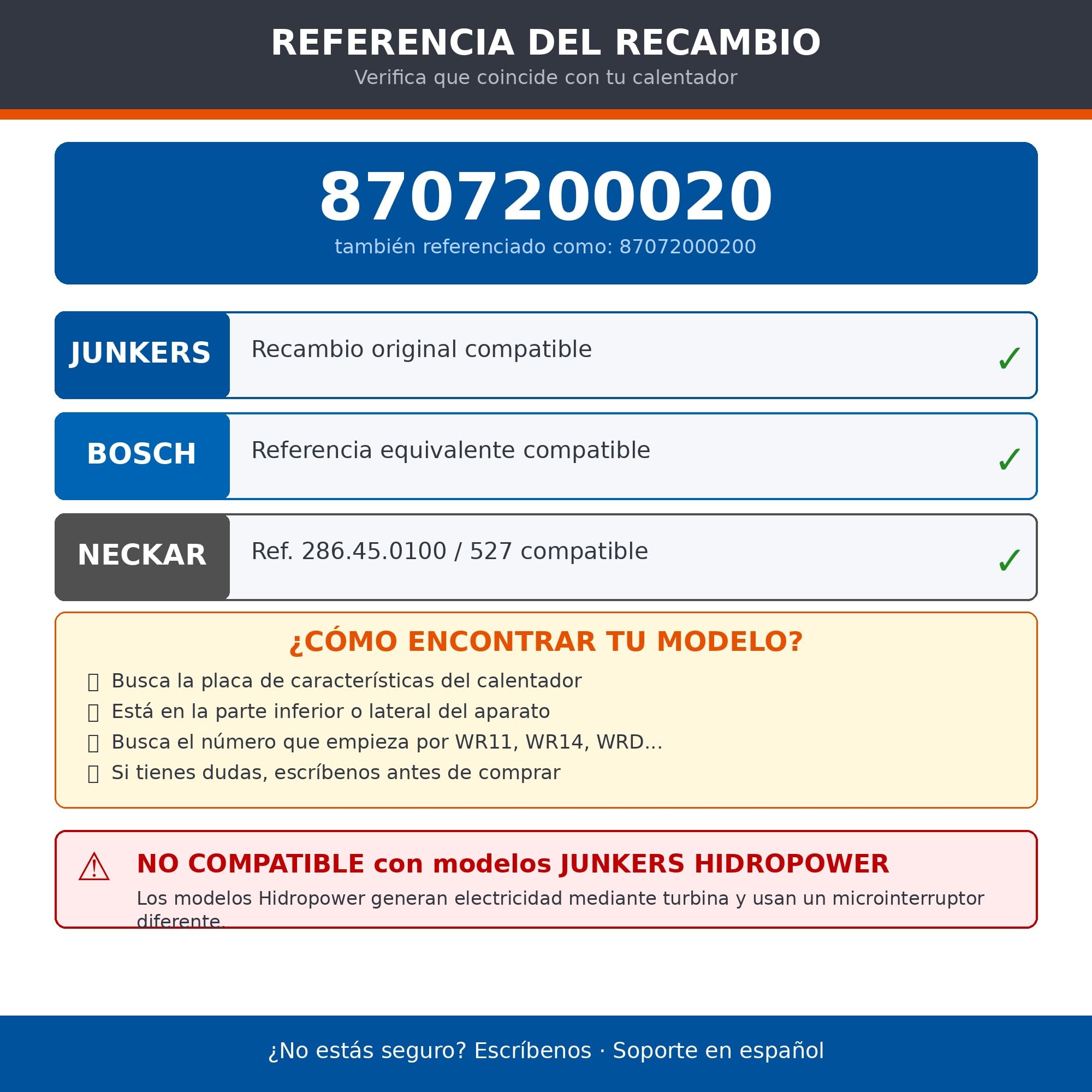Microinterruptor Calentador Junkers Compatible Recambio MINIMAXX WR11 WR14 WRD11 WRD14 Bosch Neckar