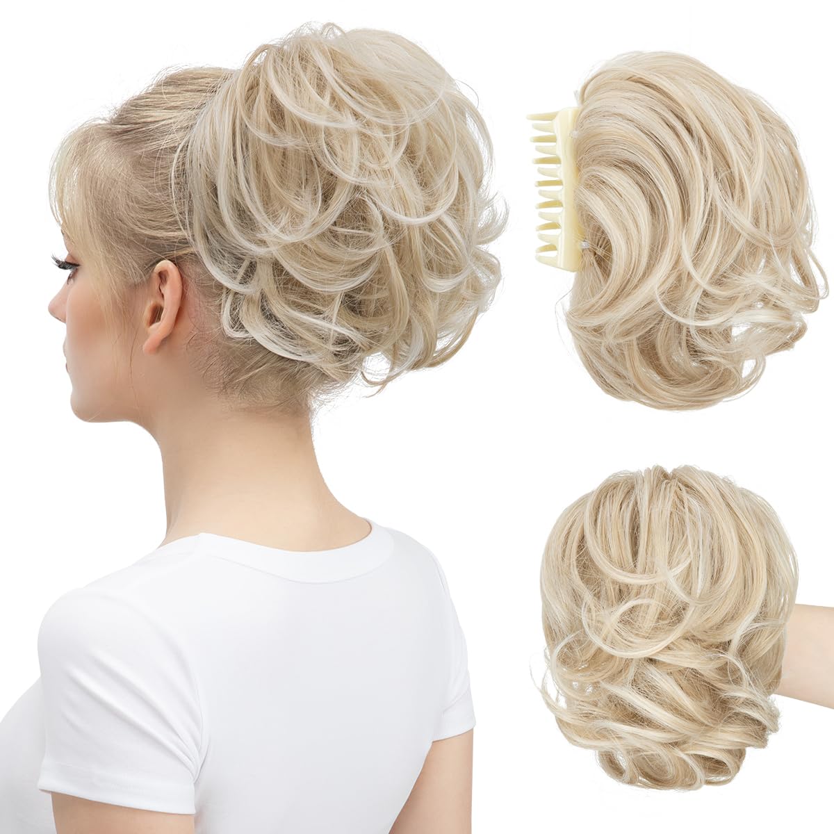 Claw Clip Short Ponytail Messy Bun Hair Piece Bendable Hair Branch Extensions Fluffy Wavy Curly Synthetic Versatile Cream Blonde Hairpieces