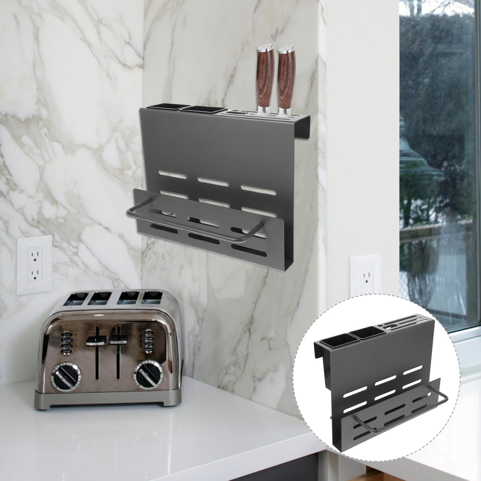 ULTECHNOVO Porte-ustensiles Mural en Abs et Acier Inoxydable pour Rangement Multifonction Support Planche à Découper et Porte-baguettes, la Cuisine Moderne