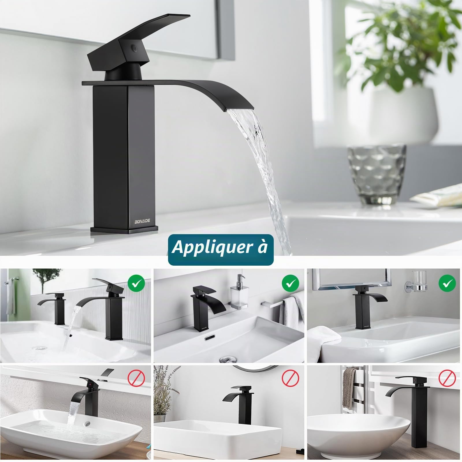 BONADE Robinet Lavabo Cascade Noir, Robinet Salle Bain Noir avec l'Eau Froide et Chaude Disponible, Mitigeur Lavabo Inox 304 de Super Qualité, Robinetterie Salle de Bains Design Elégant
