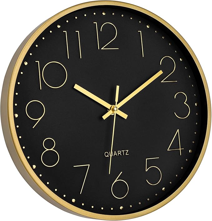 Reloj de pared Foxtop 12 pulgadas negro y dorado analógico silencioso miniatura 6