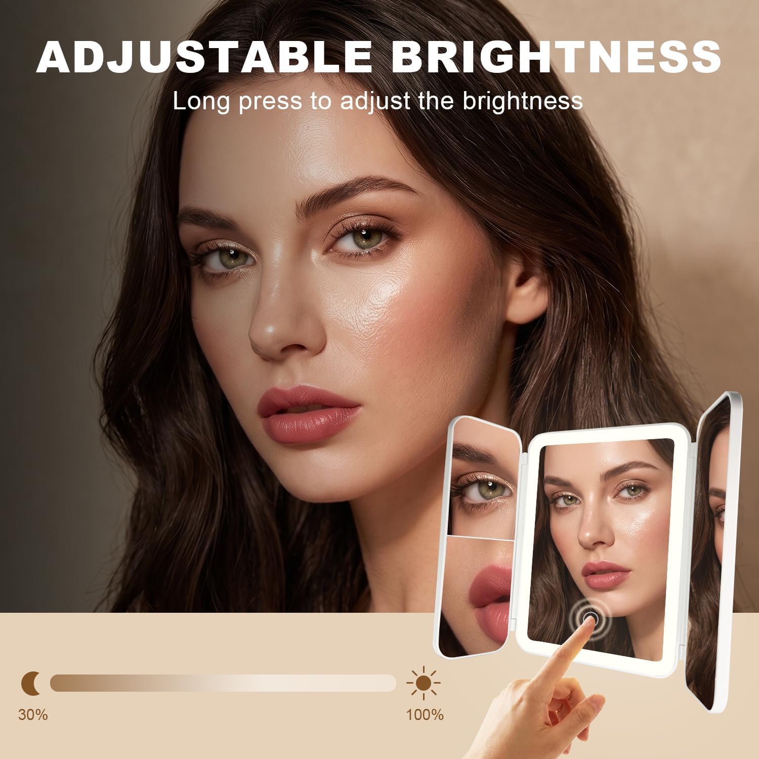 Makeup Mirror with Lights, 3000mAh 3X/2X/1X Magnification Vanity Mirror with Suction&Stand Base, 360° Adjustment Rechargeable Trifold Mirror for Travel/Bedroom/Dorm, Gifts for Women, Girls