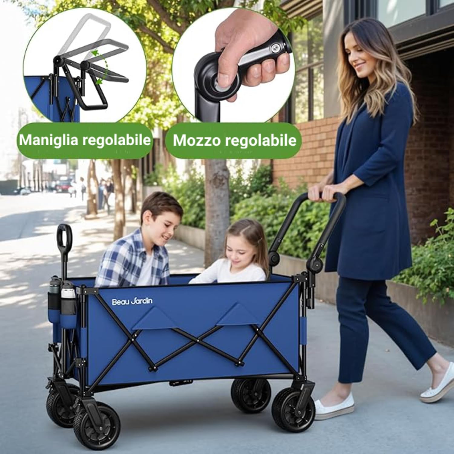 BEAU JARDIN Carrello Pieghevole Giardino Tela Vagoni Carrello da Trasporto con 4 Ruote e Freni in Acciaio Carrello Rimorchio a Mano da Trasporto Carico Massimo 100KG Blu Scuro