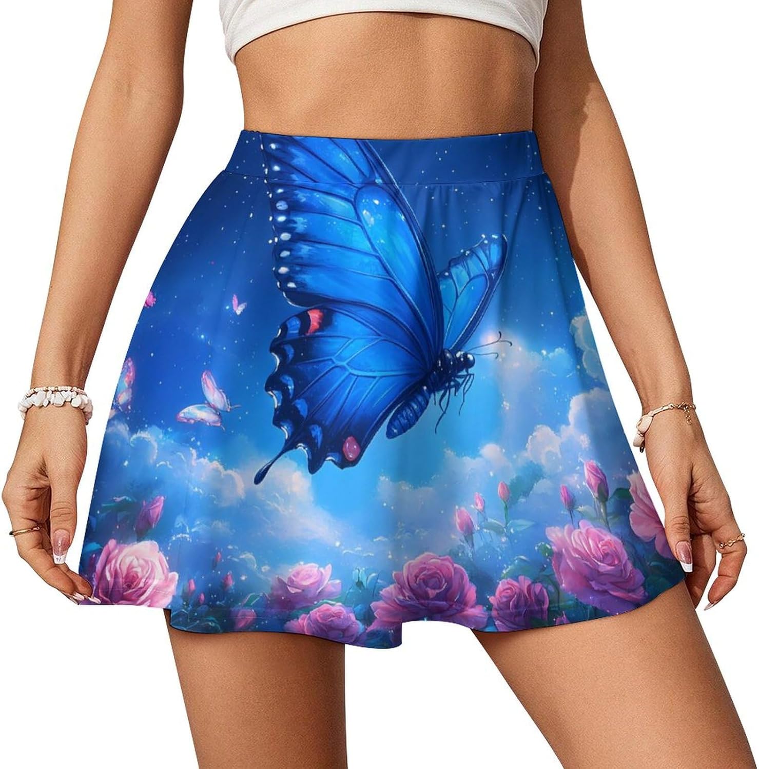 Blue Butterflies Women Tennis Skirt Print Golf Skirts Mini Casual Workout Skorts