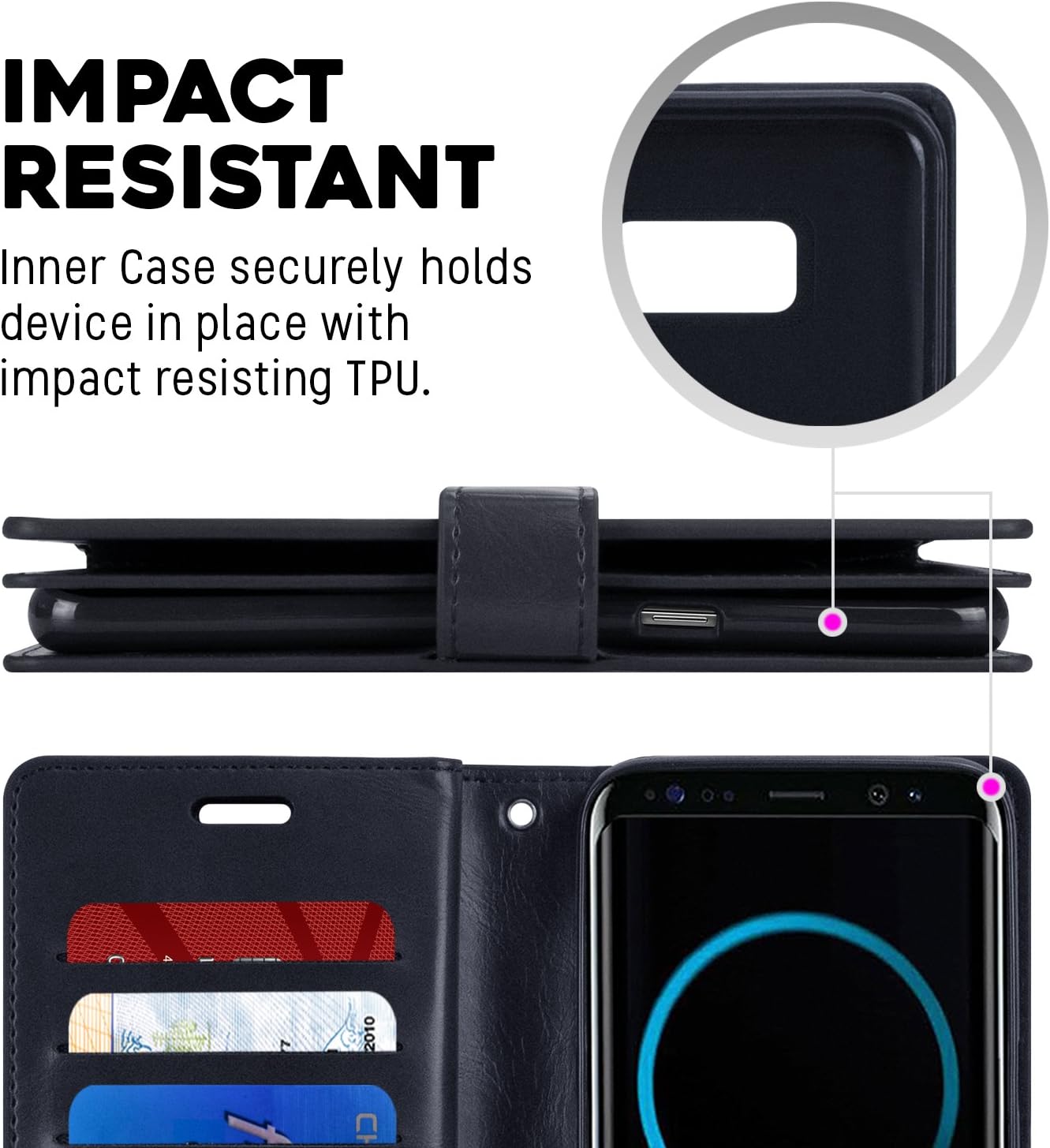 Goospery Mansoor Wallet for Samsung Galaxy S8 Plus Case (2017) Double Sided Card Holder Flip Cover - Navy