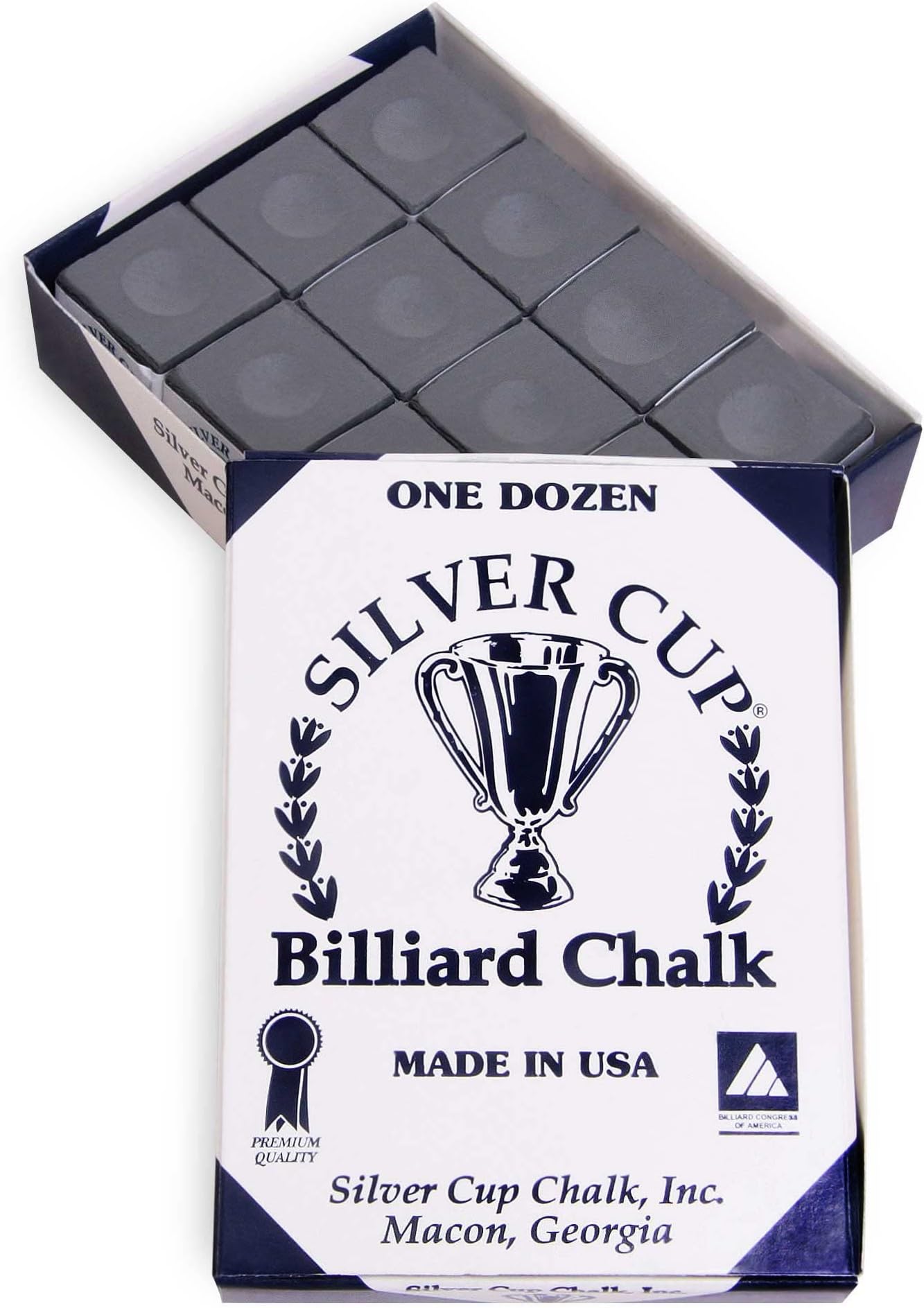 SILVER CUP Billiard CHALK - ONE DOZEN (Charcoal)