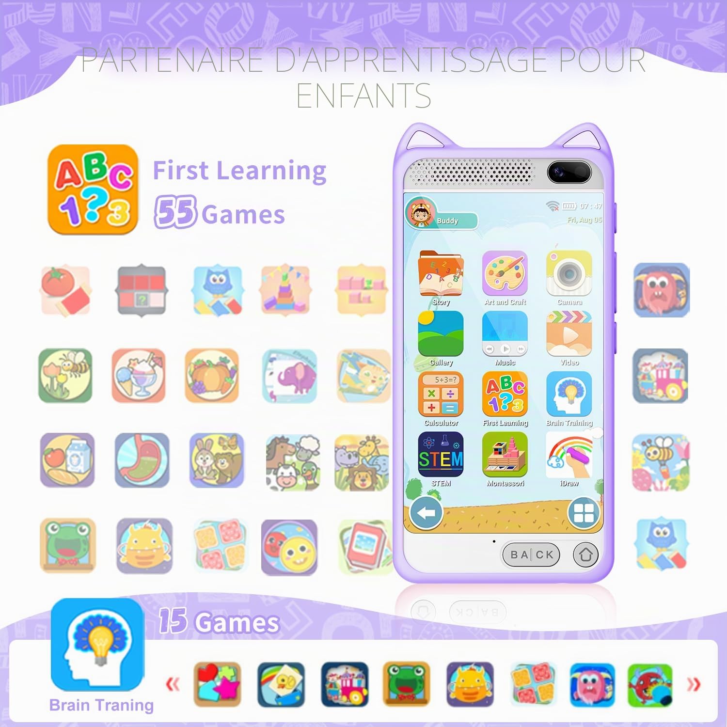 Téléphone pour Enfant,3,97 "Tactile Toddler Smartphone Jouets d’Apprentissage, Faux téléphone Jouet avec Jeux éducatifs Lecteur de Musique, Cadeaux d’Anniversaire de Noël pour l’âge 3-12, Carte SD 8G