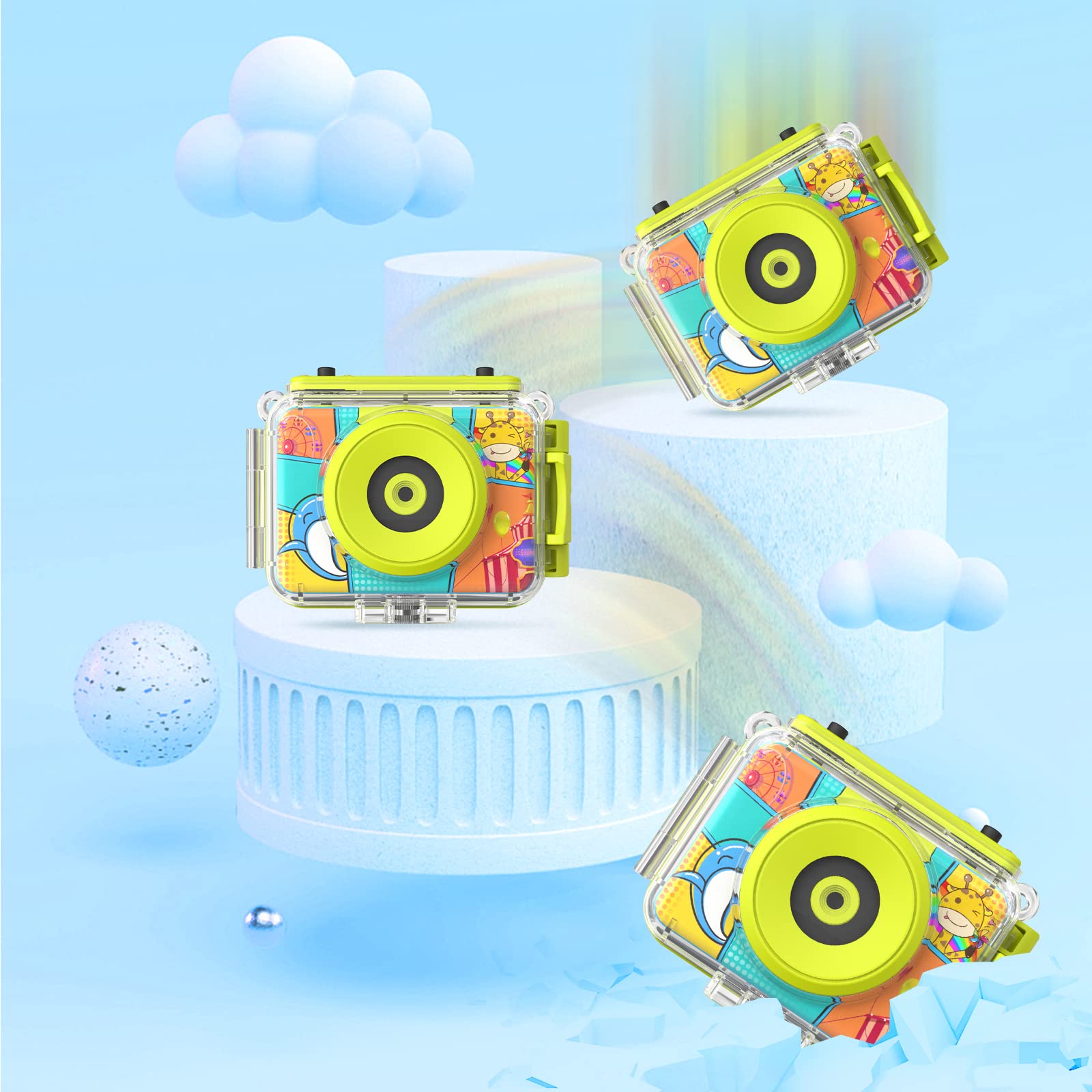 Ushining Fotocamera Impermeabile per Bambini, Macchina Fotografica Digitale Subacquea, HD 1080P Videocamera con 2,0 Pollici Schermo 32GB TF Scheda, Regalo per Ragazzi, Blu
