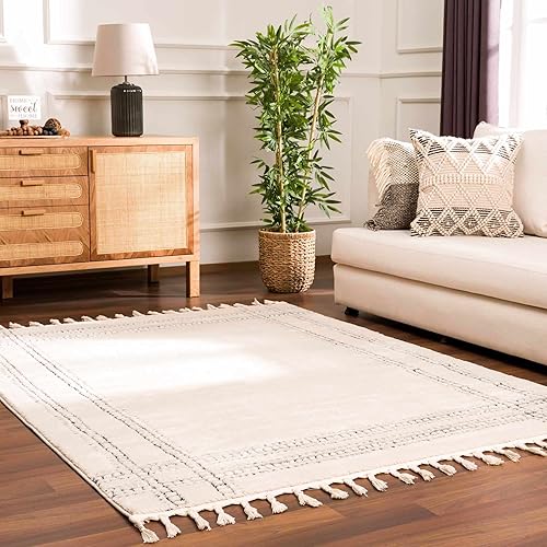 Hauteloom Deren - Alfombra bohemia para sala de estar, dormitorio, casa de campo suave, con pelo de felpa alta, color blanco, crema, beige claro,