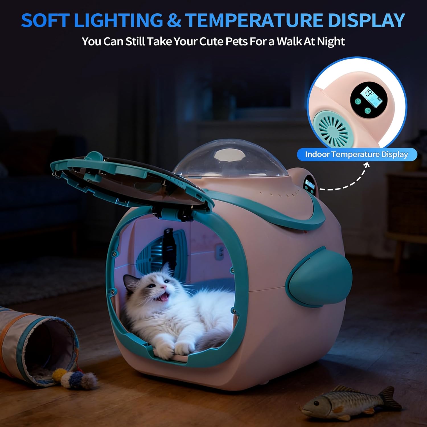 COZIWOW Pet Stroller with Temperature Display & Ventilation Fan, Foldable 4-Wheel Cat Dog Stroller with Anti-Irritation Privacy Barrier, Night Light, Detachable Car Seat Carrier for Small & Medium Pet