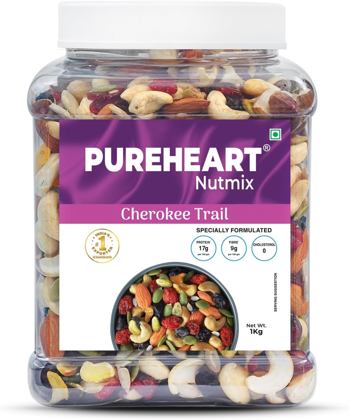 Pureheart Cherokee Premium Trail Mix | An Eclectic Mix of 8 Healthy Superfoods Nuts- Cashews, Almonds, Pistachio | Dry Fruits - Cranberries, Raisins | Seeds - Pumpkin, Sunflower | Reusable Jar (1000g)