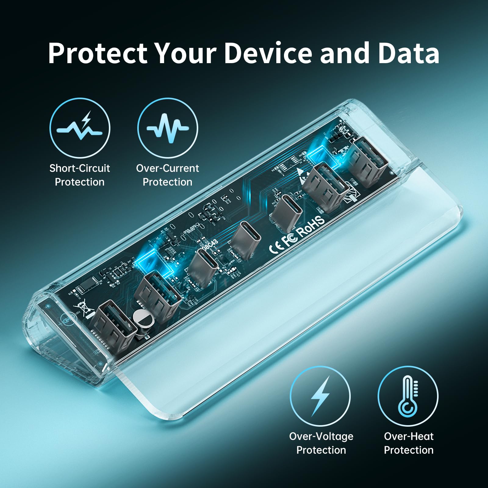 FIDECO Hub USB Alimentato, 7 Porte USB 3.2 Gen 2 10 Gbps Alta Velocità Completamente in Alluminio con Adattatore di Alimentazione 5 V 3 A Supporto di Ricarica BC1.2