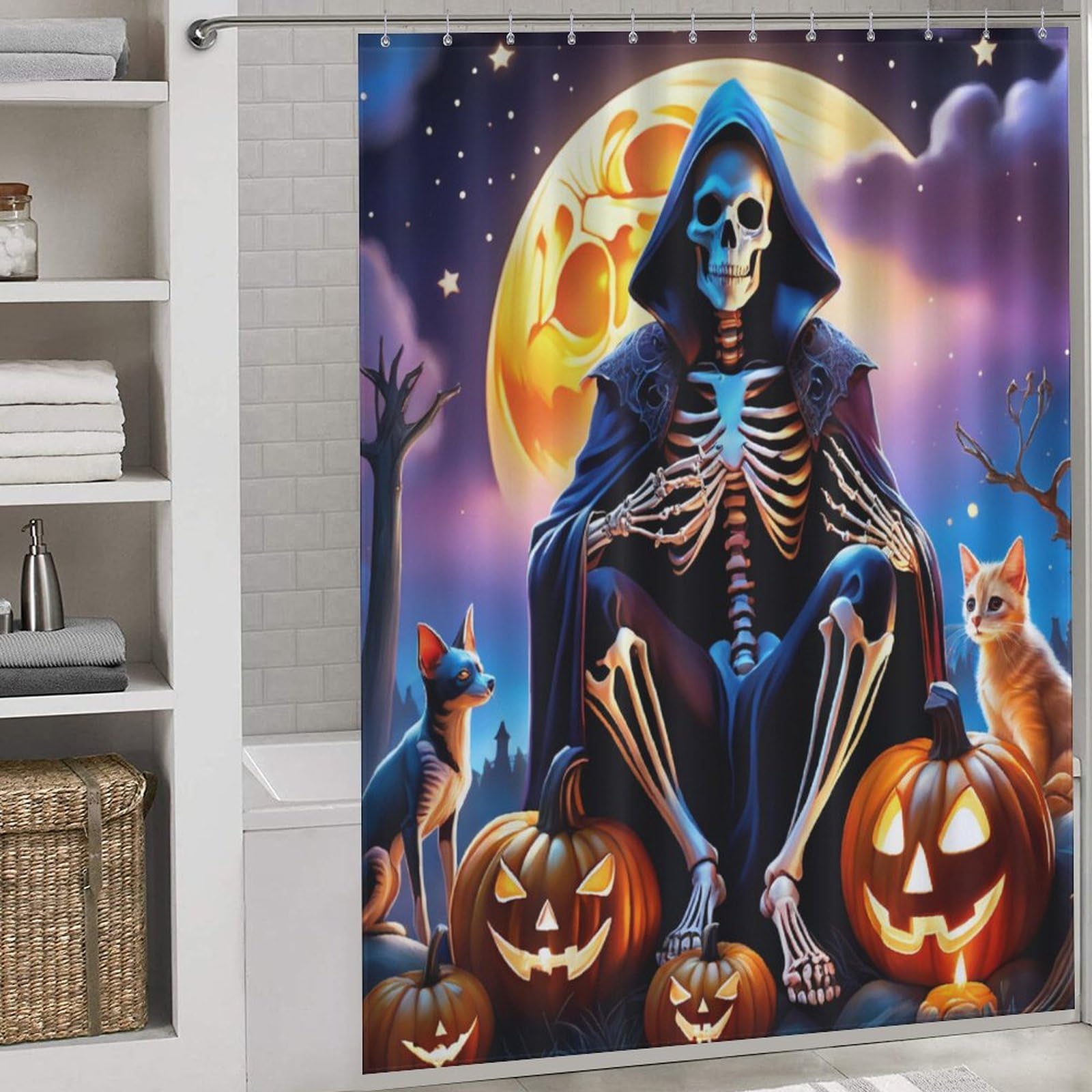 Rideau de douche Halloween squelette en tissu polyester lavable 168x183cm