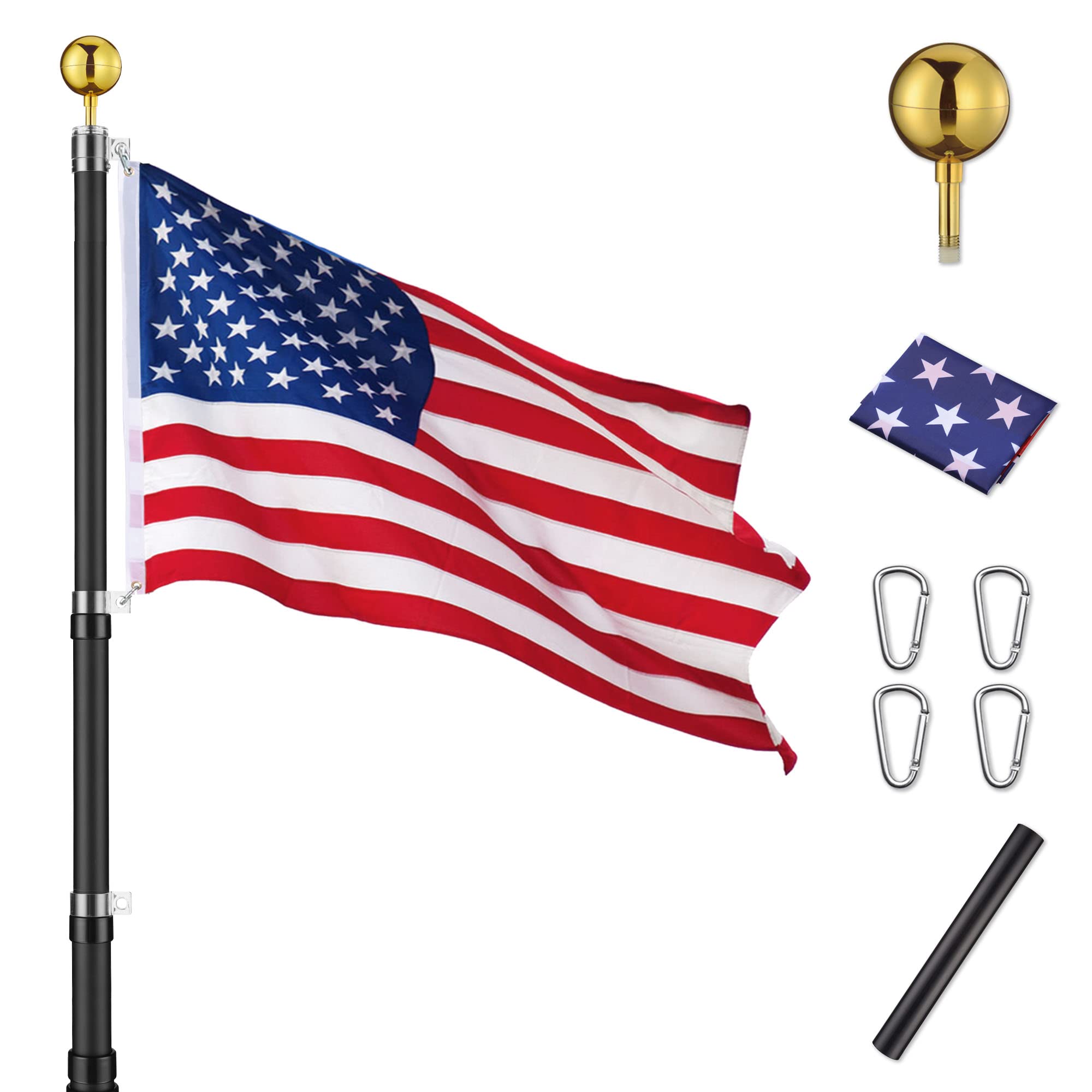 Yeshom 20Ft Black Telescopic Aluminum Flag Pole 16 Gauge Fly 2 Flags 3'x5' US Flag & Ball Top Kit Telescoping Flagpole Yard Outdoor Garden
