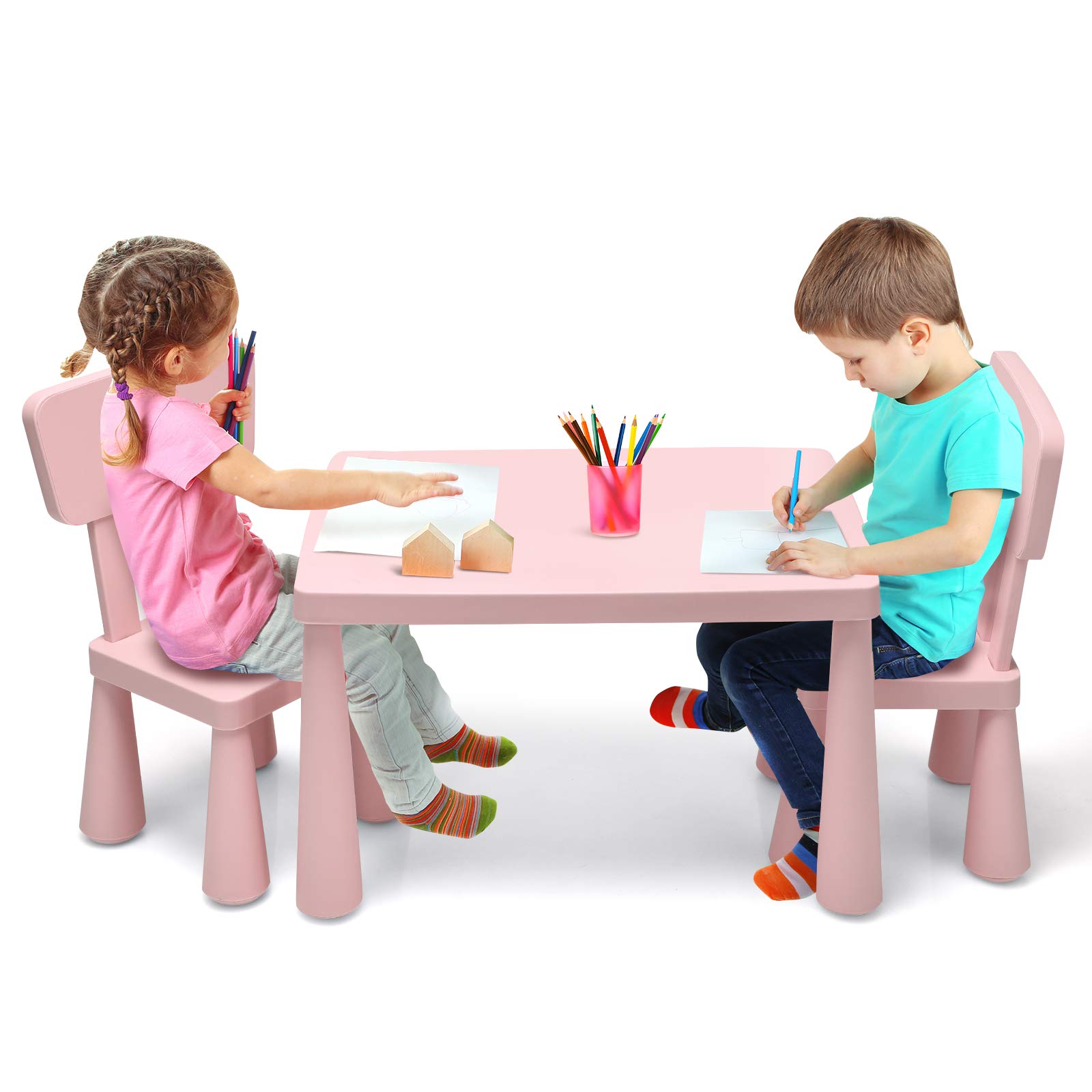 MAT EXPERT Kids Table and Chairs, 3-Piece Kids Furniture Activity Table for Reading, Learning, Eating, Toddler Table and Chair Set for Daycare Kindergarten Playroom, Ideal for Boys & Girls (Pink)