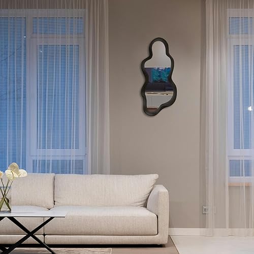 Miniatura 4 de Espejo de pared irregular de 30 x 14 pulgadas, espejo de pared con marco negro de madera asimétrico ondulado para sala de estar, dormitorio,