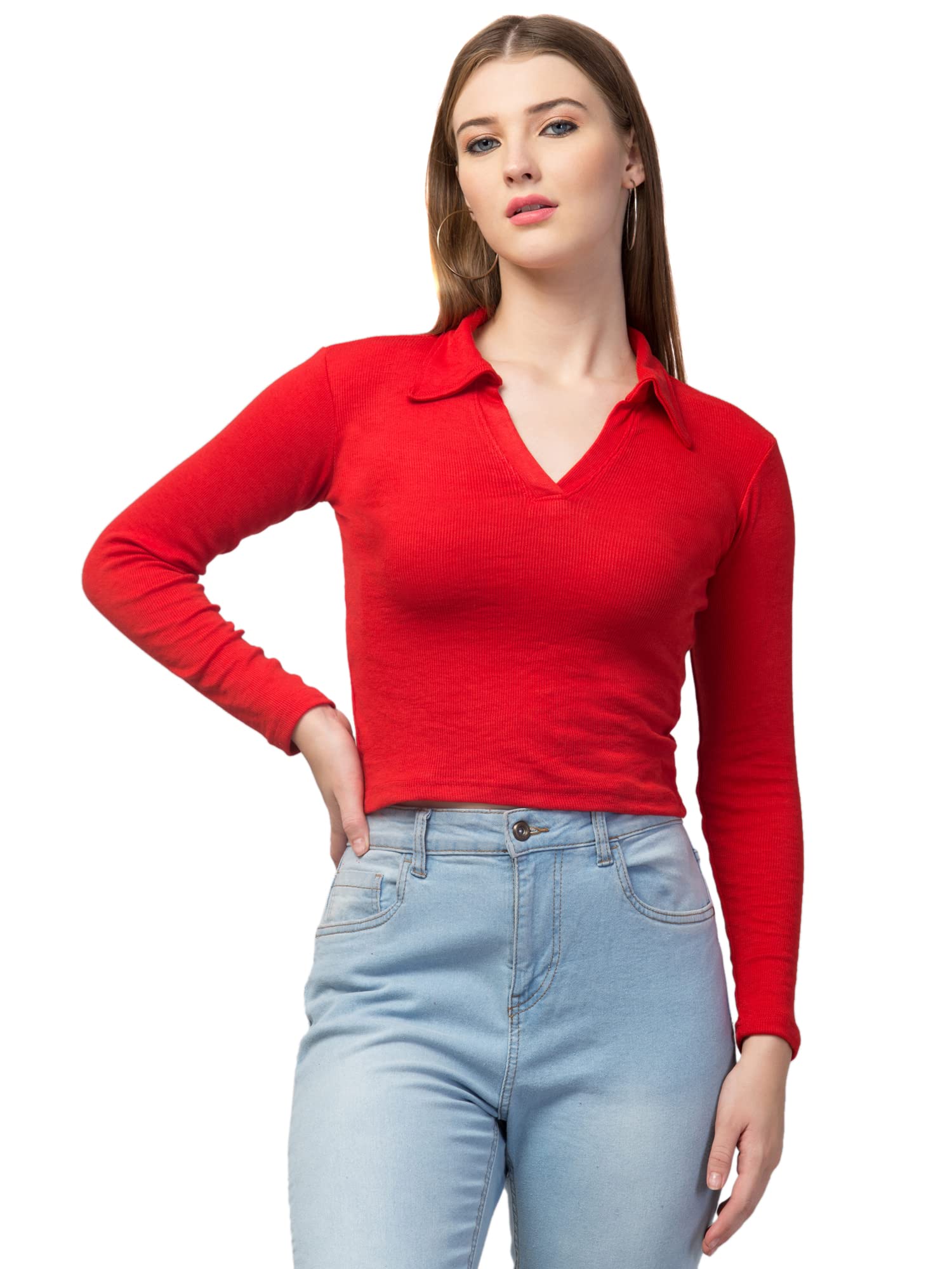 TREND LEVEL Ribbed Polo Collar Full Sleeves Tops for Women