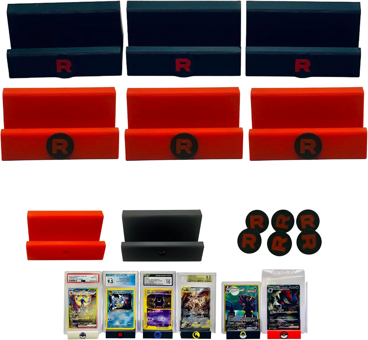 Aunt Lo's Supply Co Custom Card Display Stand for PSA BGS CGC, Toploaders, Sleeves, Slabs, & More | Interchangeable Rocket Themed Pins (Black, 12 Display Stands & Pins)
