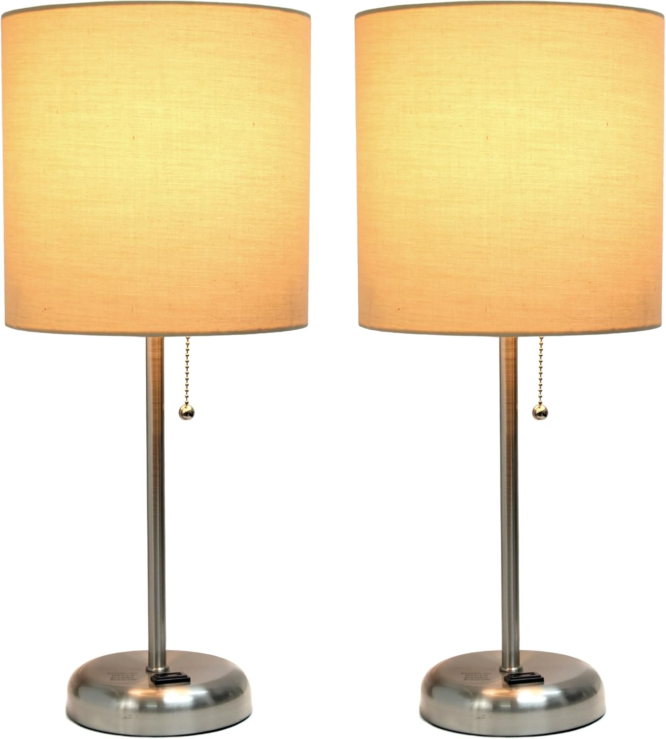Simple Designs LT1144-TAN-2PK 19.5" 2-Pack Sleek and Slender Brushed Steel Table Lamp with Charging Outlet, for Bedroom, Living Room, Entryway, Office, Dining Room, Study, Tan Shades
