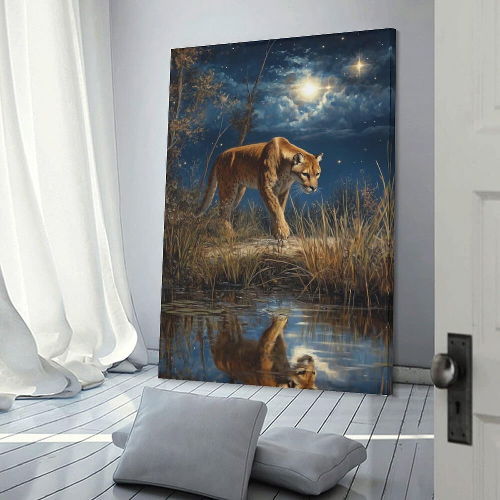 Junmoney Frame-Style-24 Canvas Wall Picture Cougar By The Water, 20X30inch(50X75cm), For Bedroom, Lounge Or Dressing Area, Stylish Decor For A Restful Room Update