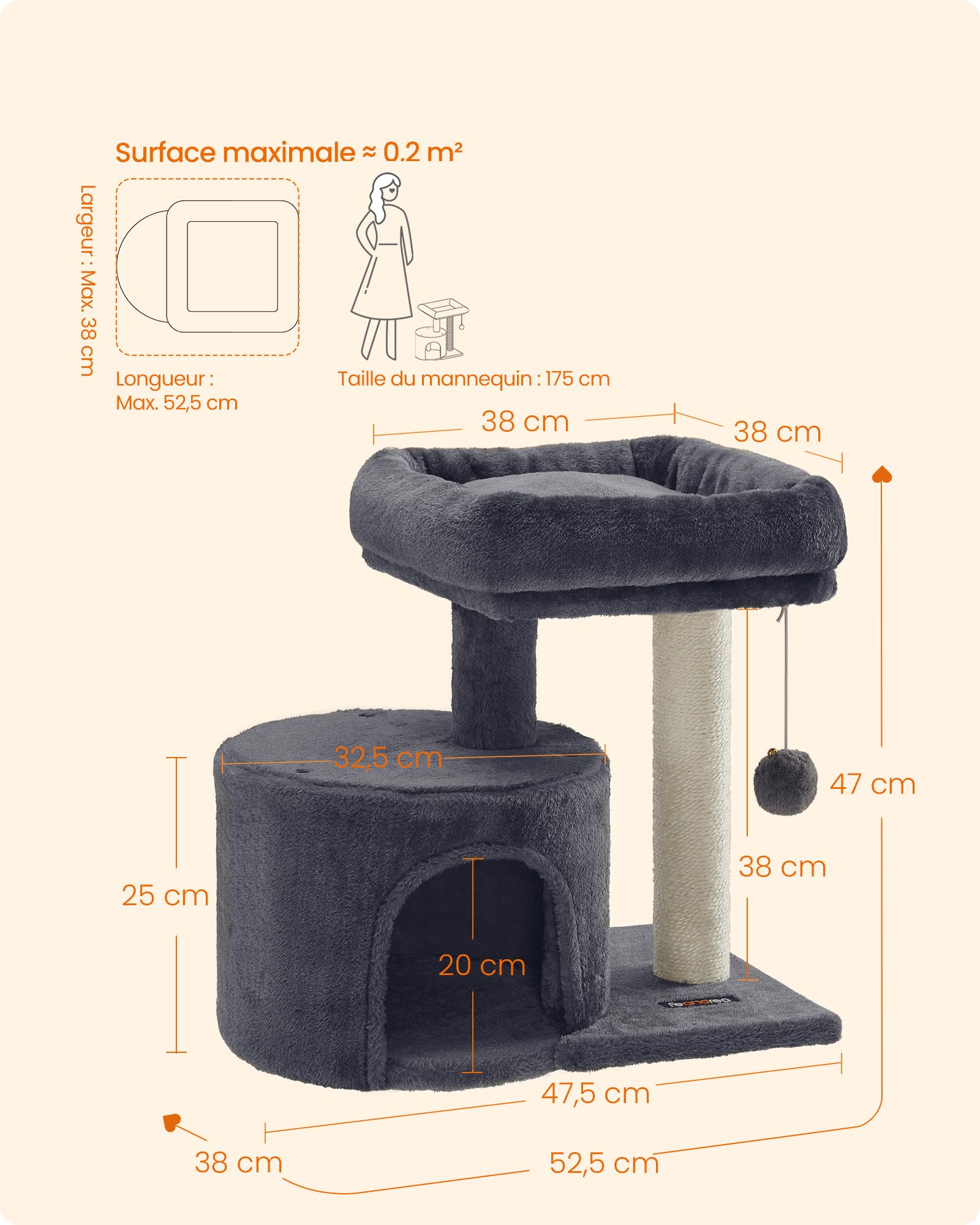 Feandrea Arbre à Chat avec Poteau en Sisal, Tour à Chat, Plateforme Rembourrée, Gris Anthracite PCT50GV1
