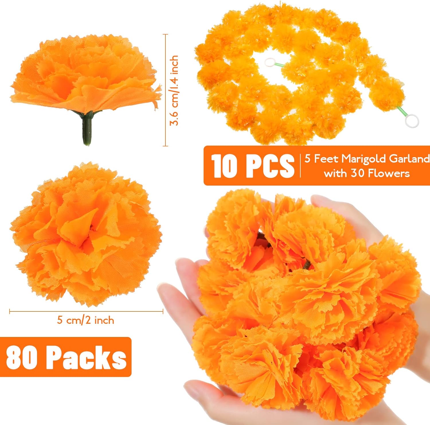 10 Pcs 5 Feet Artificial Marigold Garland and 80 Pcs Marigold Flowers Mexican Faux Fake Marigold Flowers Orange Fall Garlands for Diwali Home Decor Indian Wedding Party DIY Halloween Wreath, Orange