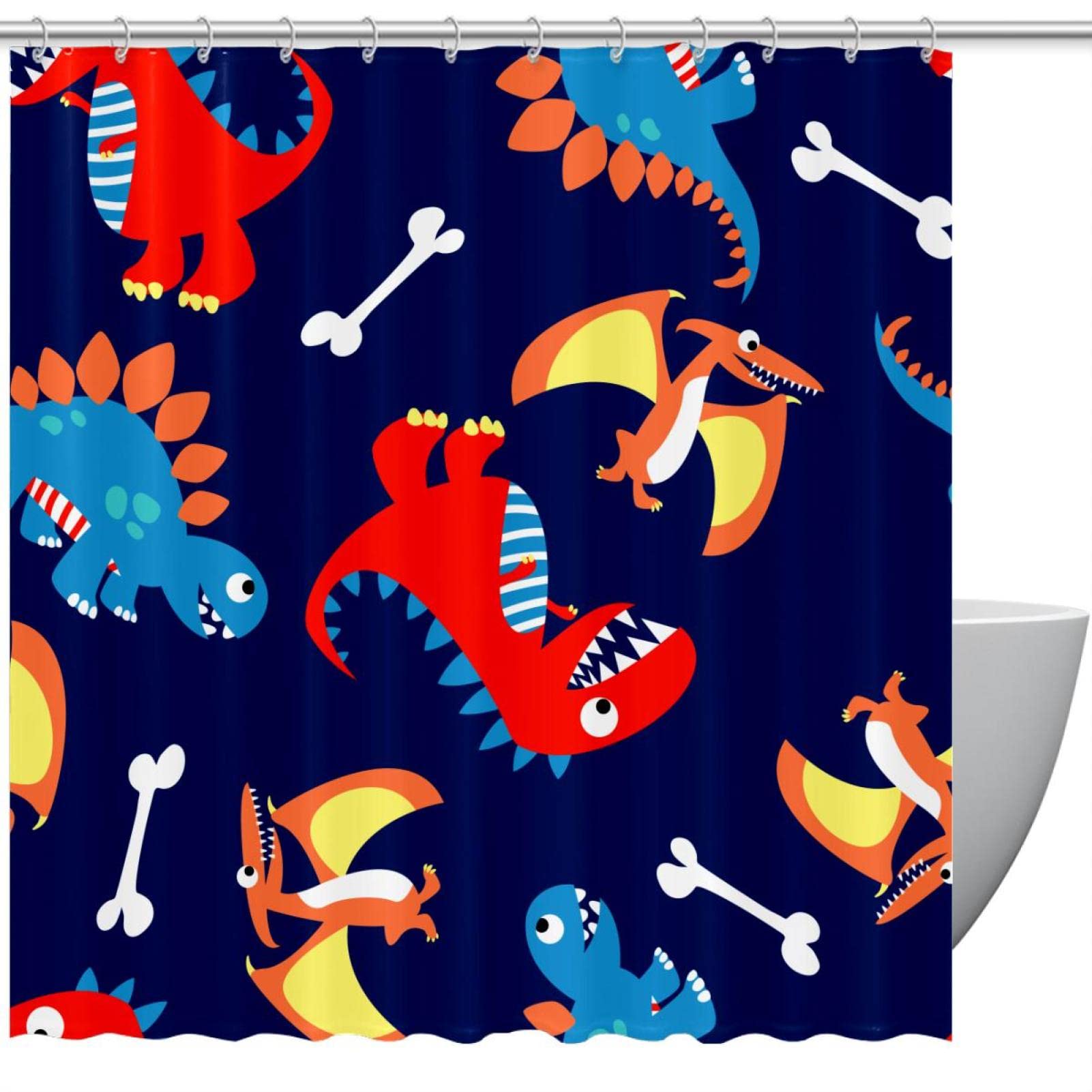 Rideau de douche en tissu haut de gamme bleu marine à motif dinosaures