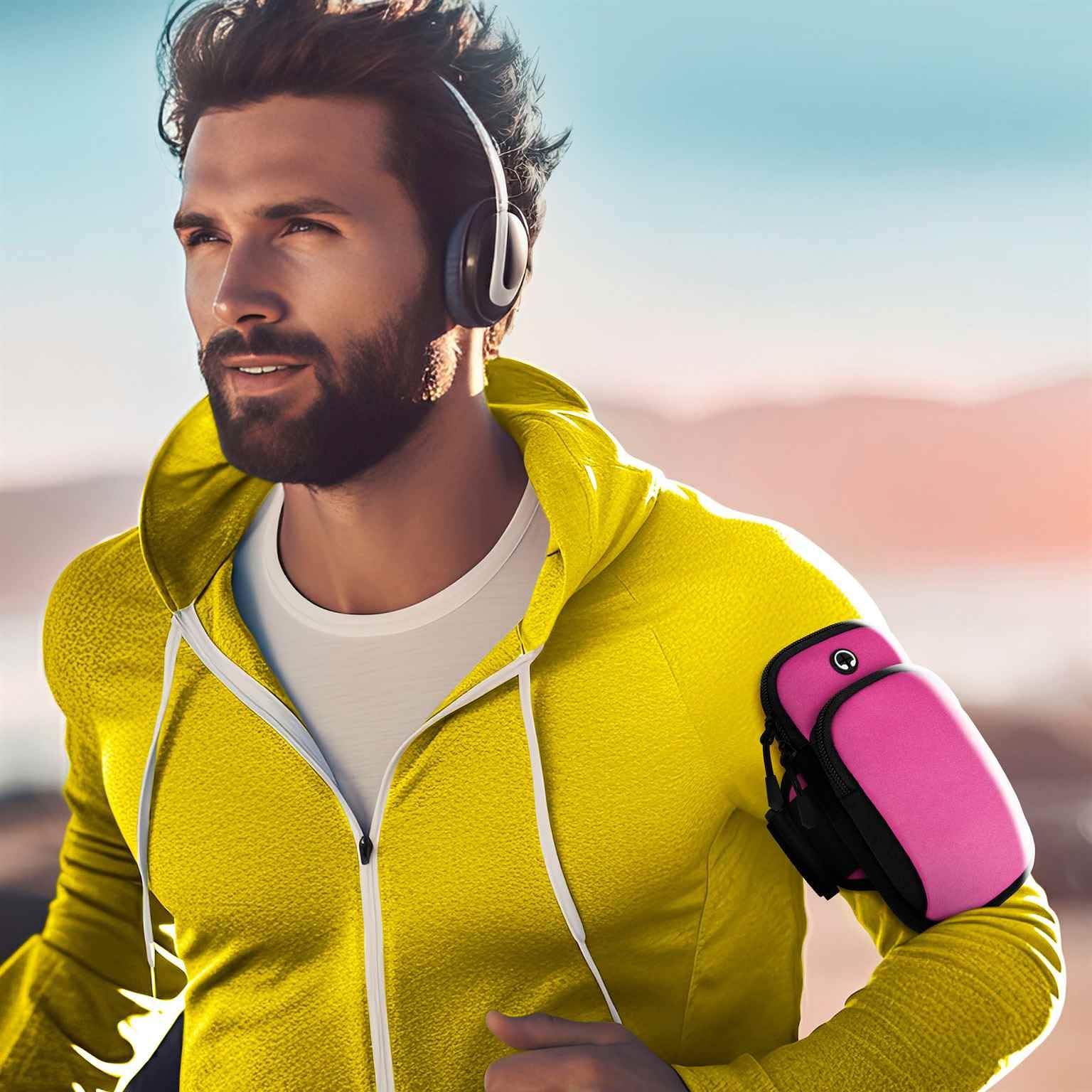 ONEFLOW Premium Sportarmband Handy Armband zum Joggen kompatibel mit Samsung Galaxy Z Flip 5 | Lauftasche Smartphone Armtasche weich, 2 Fächer - Sport Handyhalterung Arm, Pink