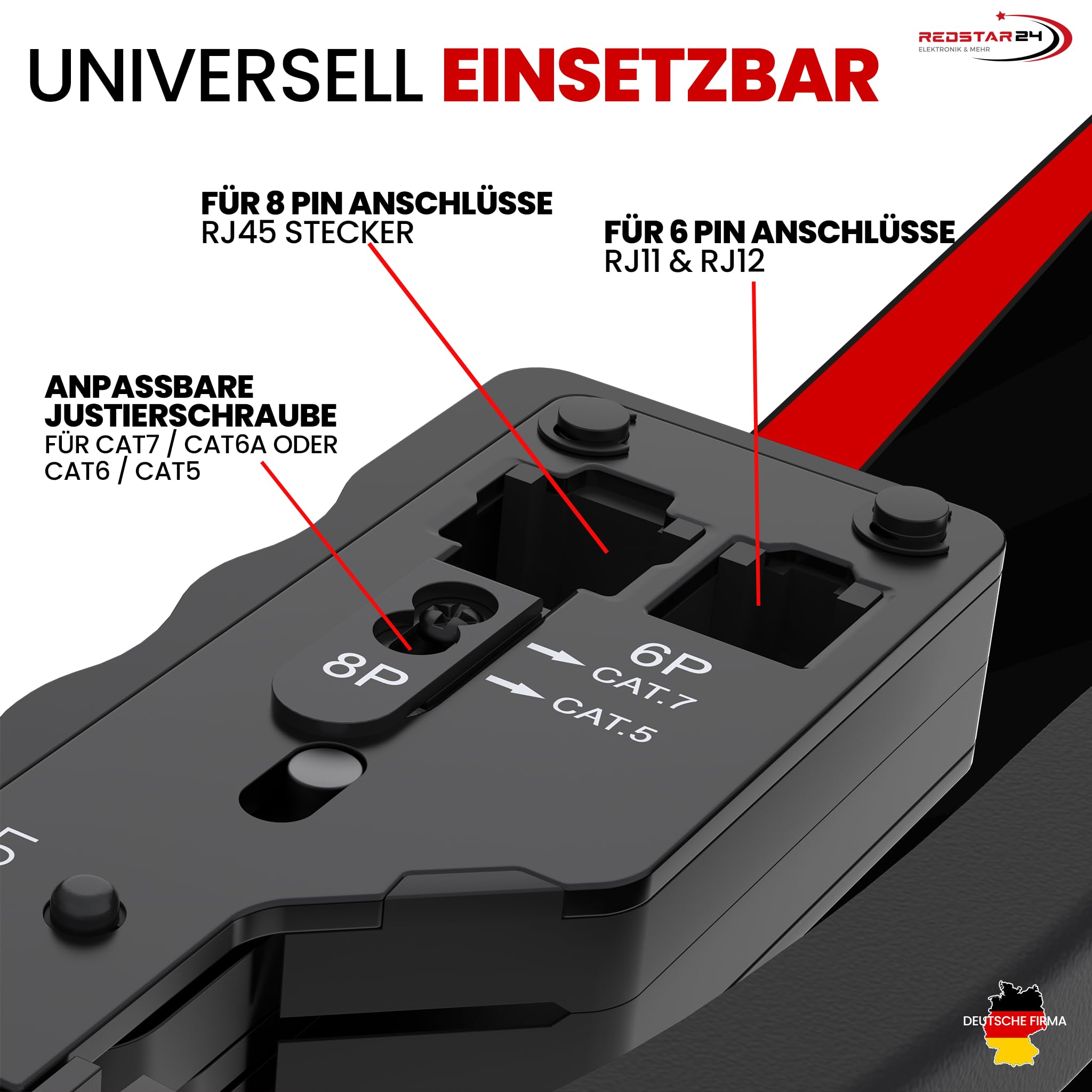 Professionele krimptang van staal RJ45, geschikt voor stekkers CAT.5e, CAT.6, CAT.7