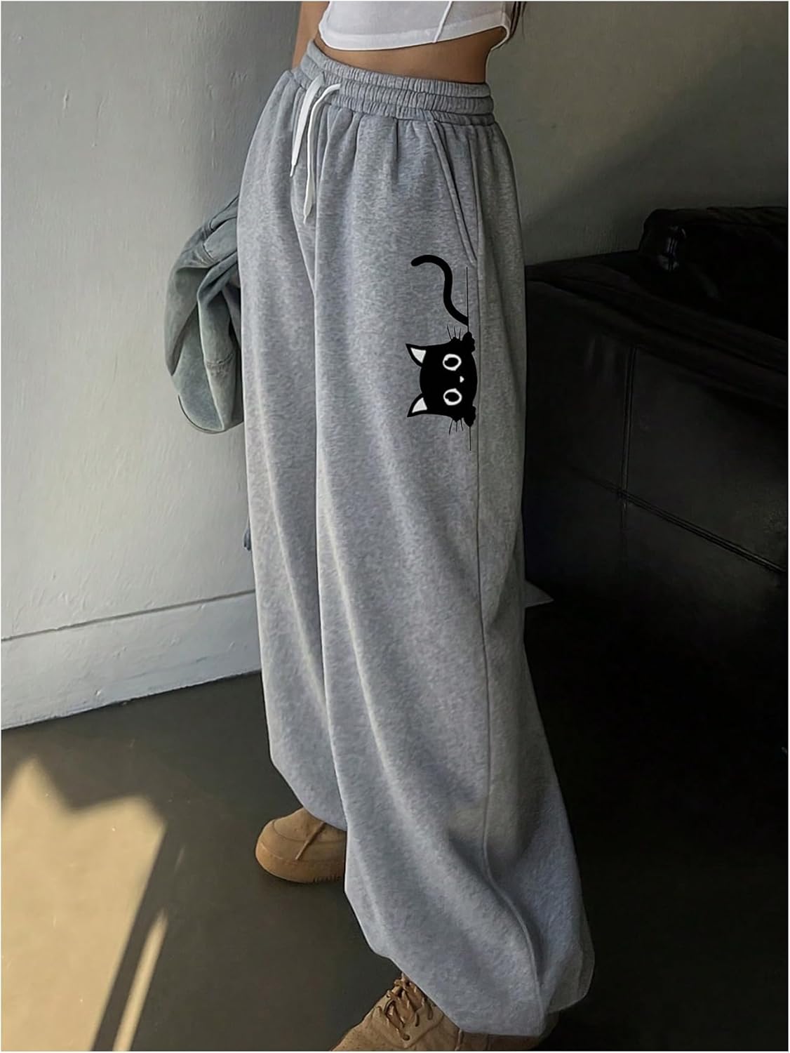 SOLY HUX Women's Plus Size Drawstring Waist Baggy Pants Wide Leg Cute Printed Sweatpants Streetwear - Image 3