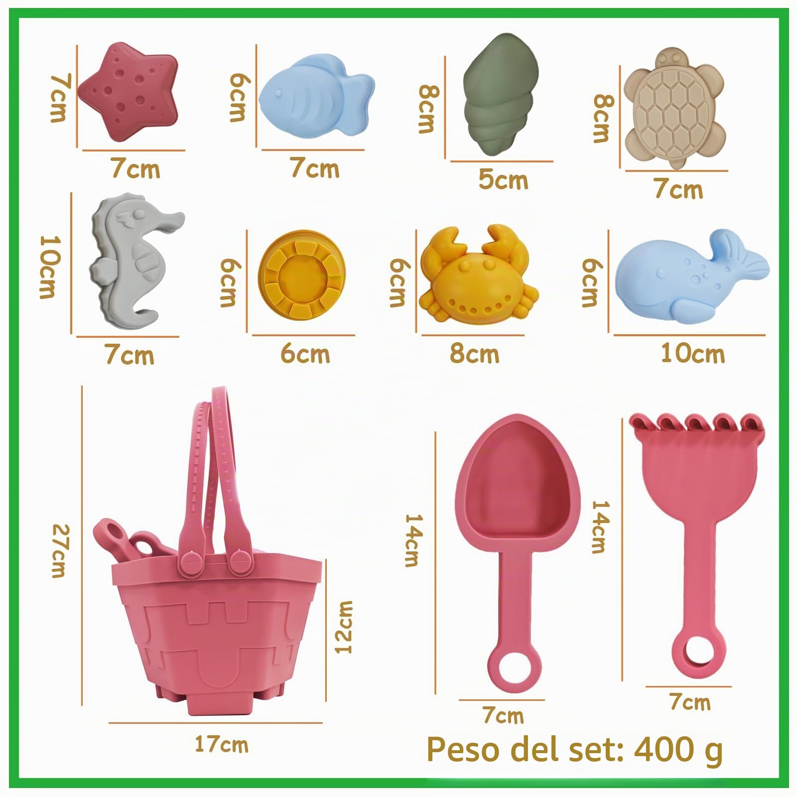 Juguetes Playa, 11 Piezas Juguetes de Arena de Playa Silicona, Juguetes Playa Bebe, Juguetes Playa Niños con Cubo, moldes de Arena,Juguete de Exterior Regalo para Niño Niña
