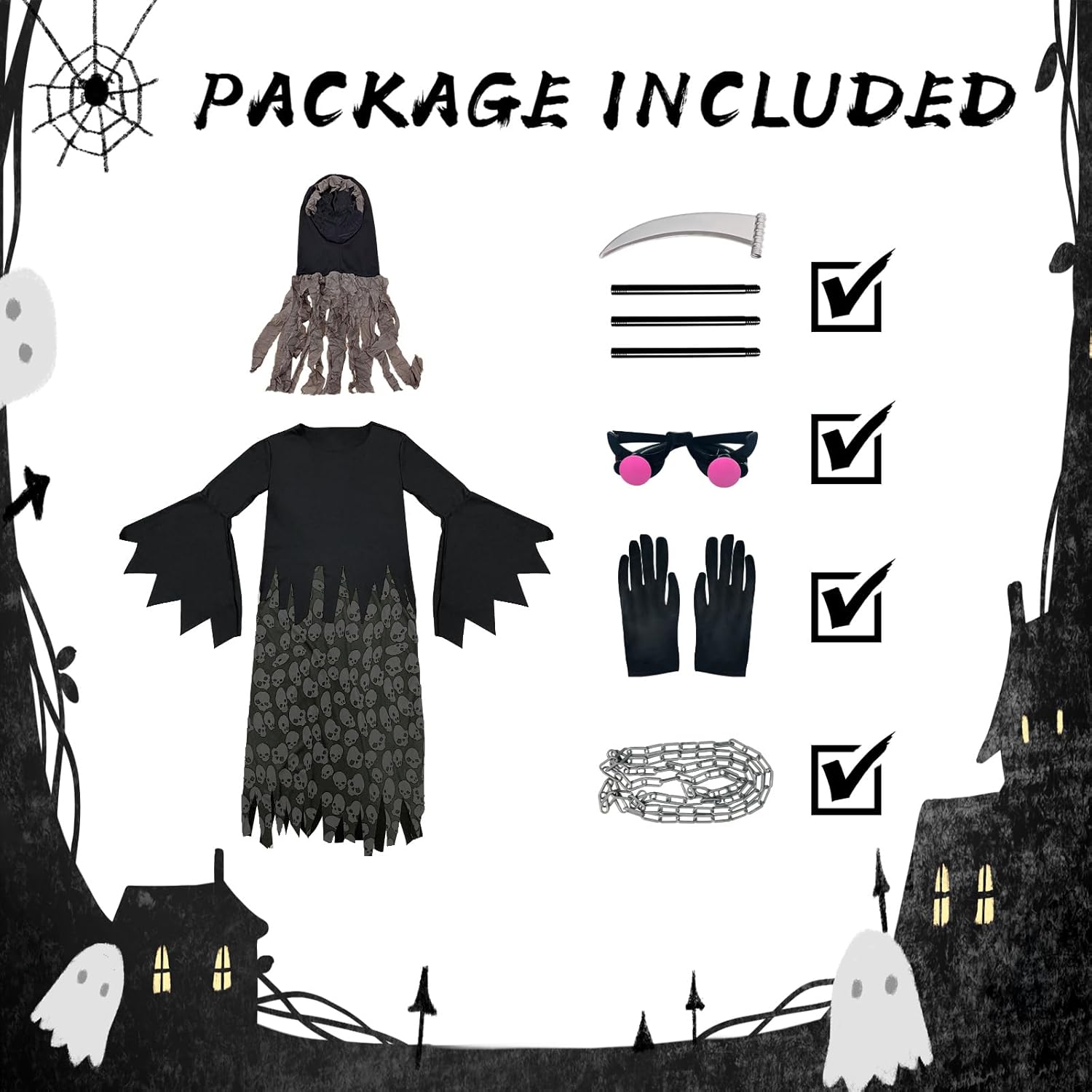 Grim Reaper Costume for Kids Phantom Halloween Costume with Creepy Red Glowing Eyes, Skull Gloves Scythe included X-Large (12-14 yr) - Image 3