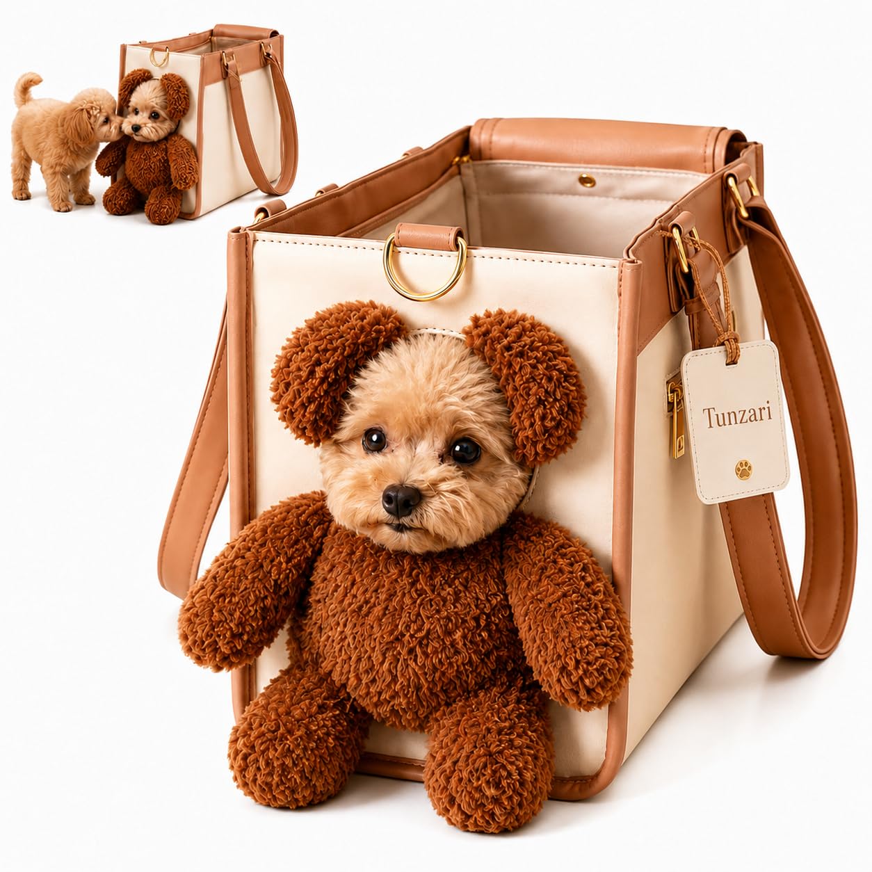 Teddy Bear Pet Carrier Bag, PU Tote for Small Dogs and Cats | Plush bear details, front peek-out opening, and hand or shoulder carry for walks, errands, shopping, and vet visits White with brown 1.0"L x 1.0"W x 1.0"H